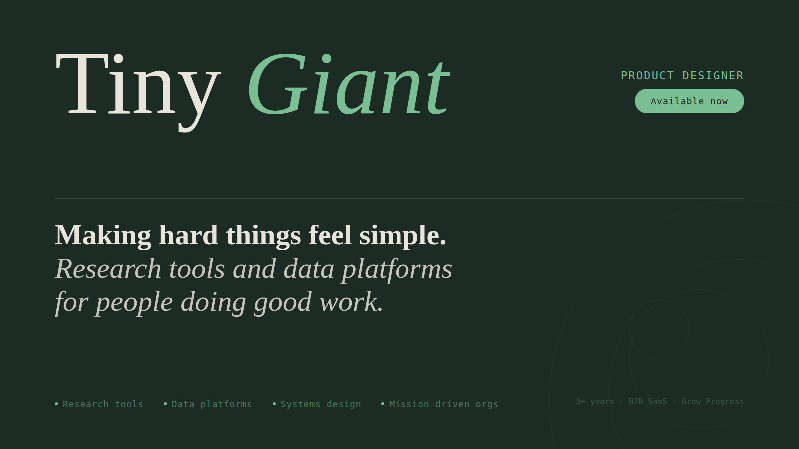 A dark green website homepage for 'Tiny Giant' with white and light green text promoting research tools and data platforms for productivity.