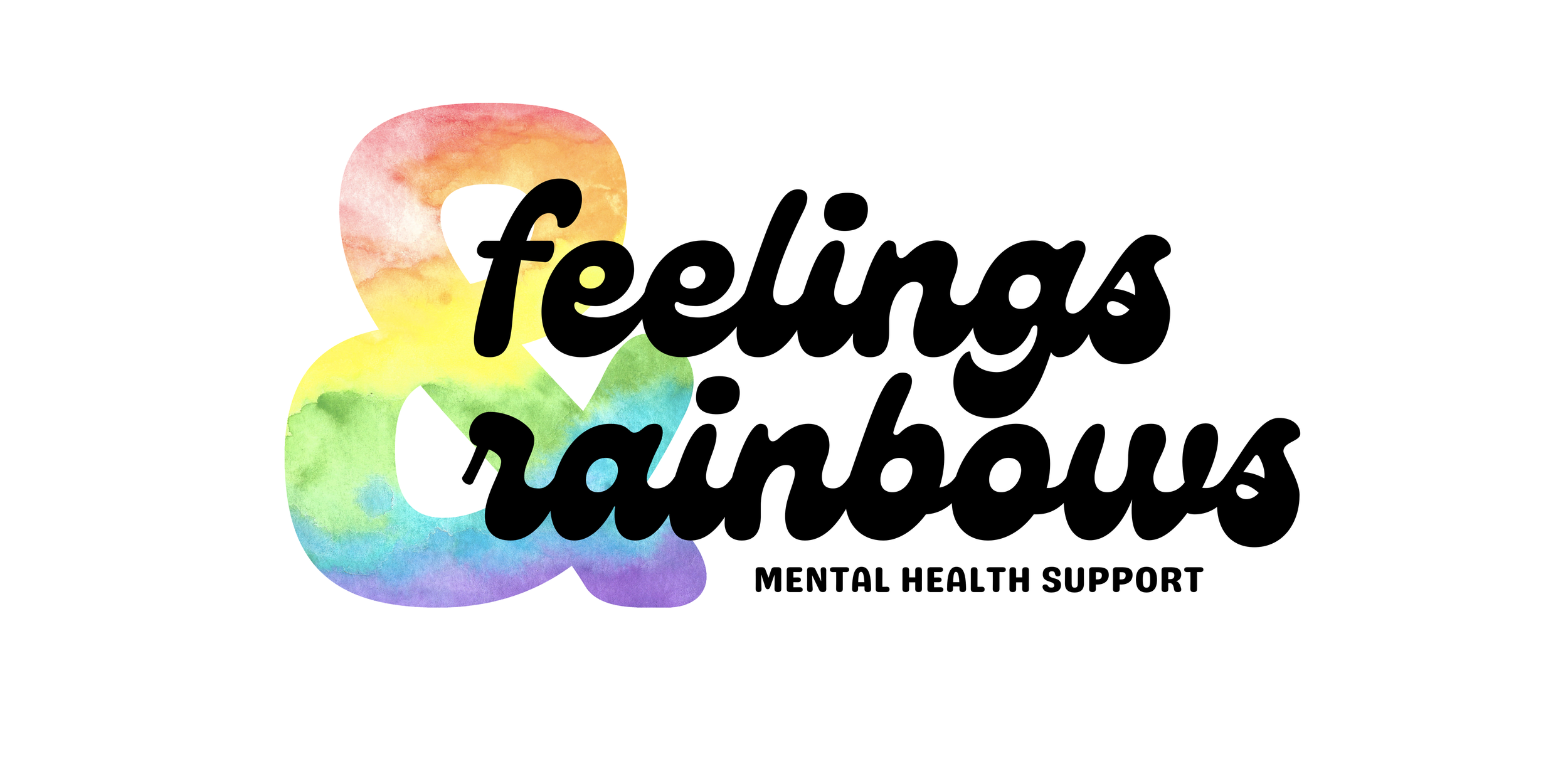 A colorful rainbow heart with the words 'Feeling Rainbow' in black, cursive font and 'Mental Health Support' below in black, uppercase letters.