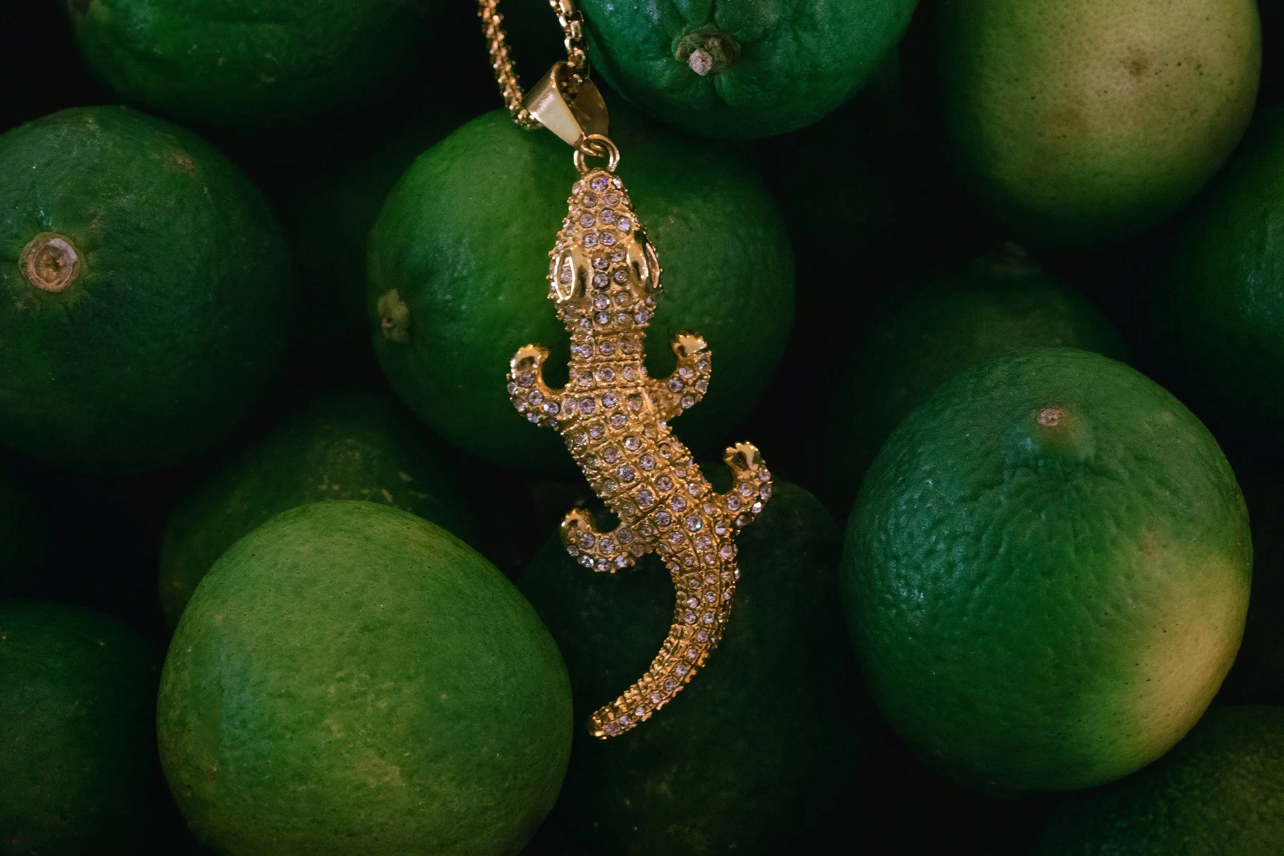 gold gator necklace on limes.jpg