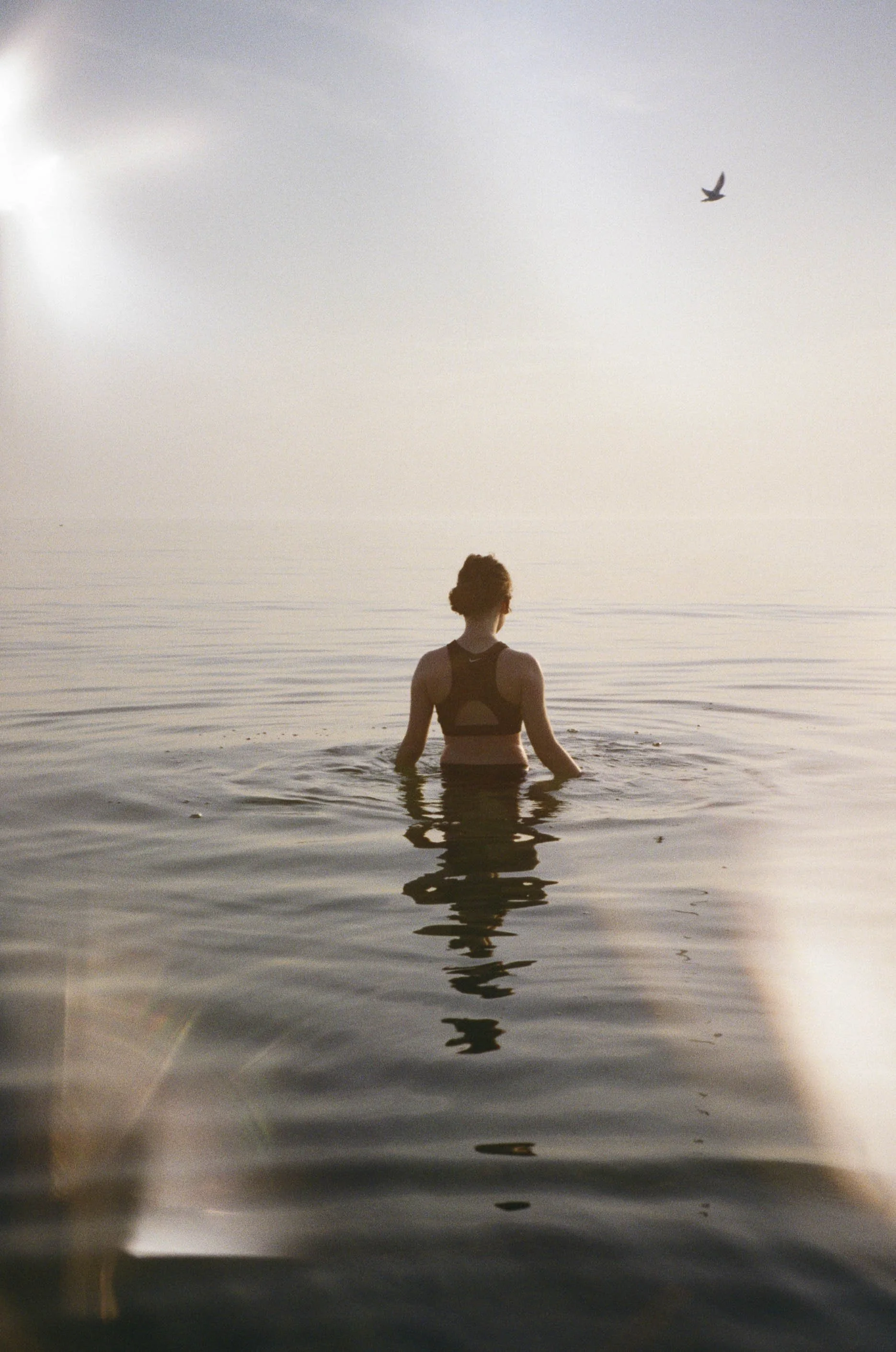 A woman standing waist-deep in calm water, facing away, with a bird flying overhead and a pale sky in the background.