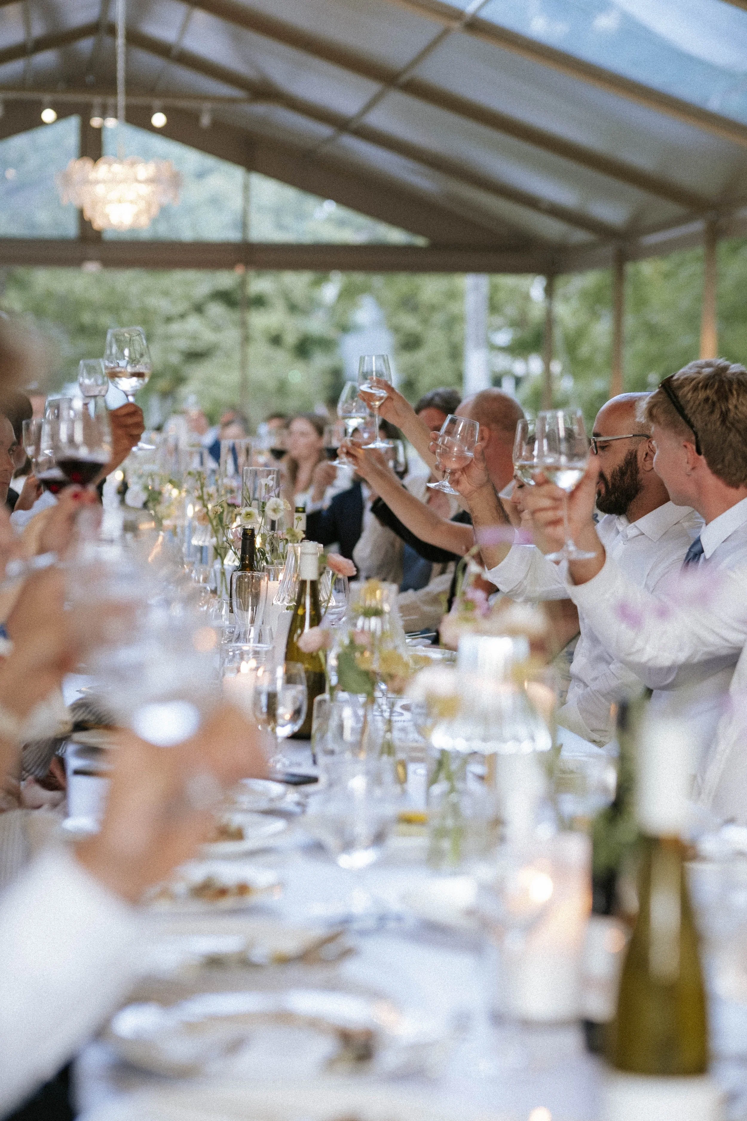 People celebrating at a wedding reception with raised glasses under a canopy with a chandelier and outdoor greenery.