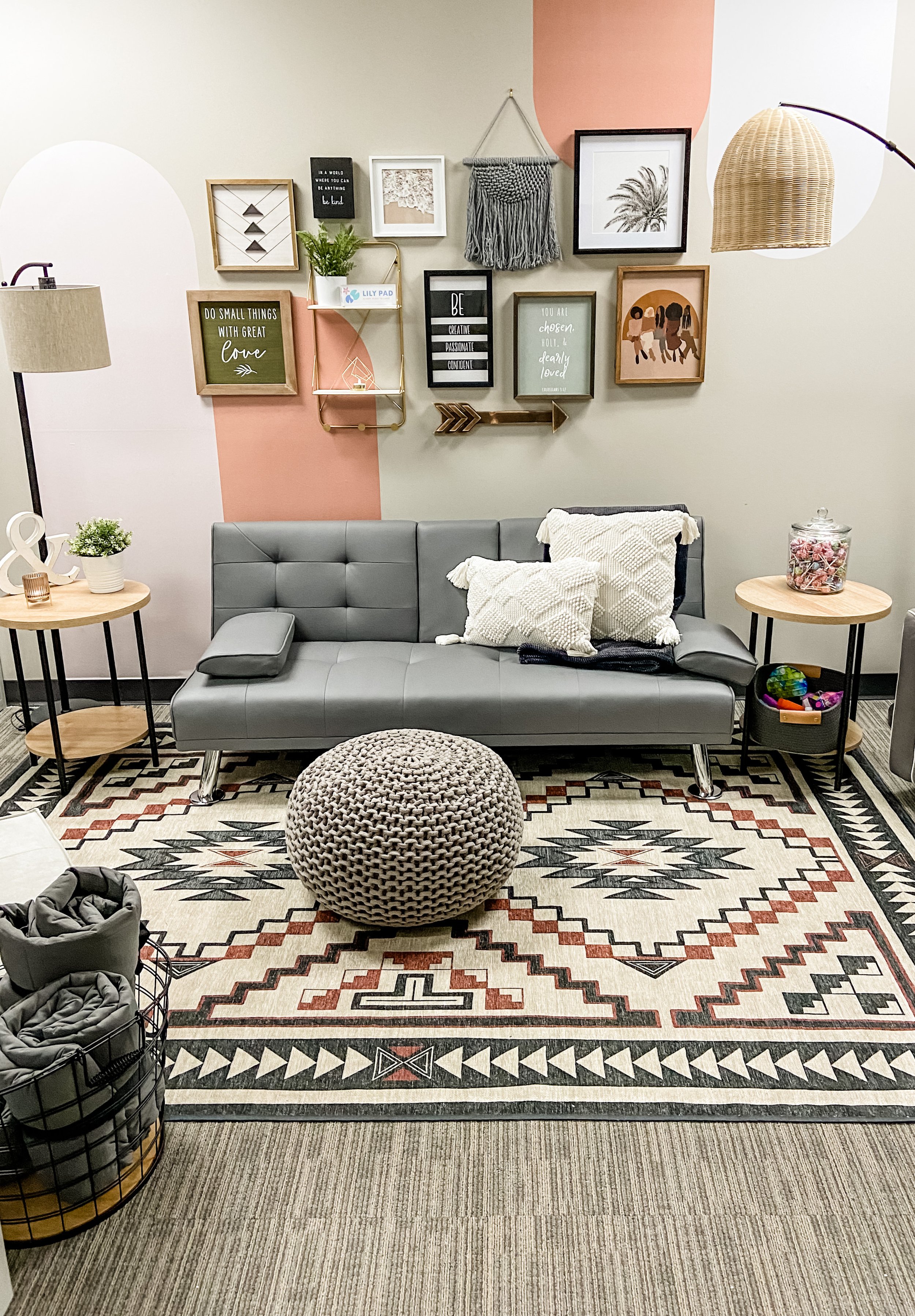 This rug is machine washable. The futon folds into a bed and has a 5 year warranty. 