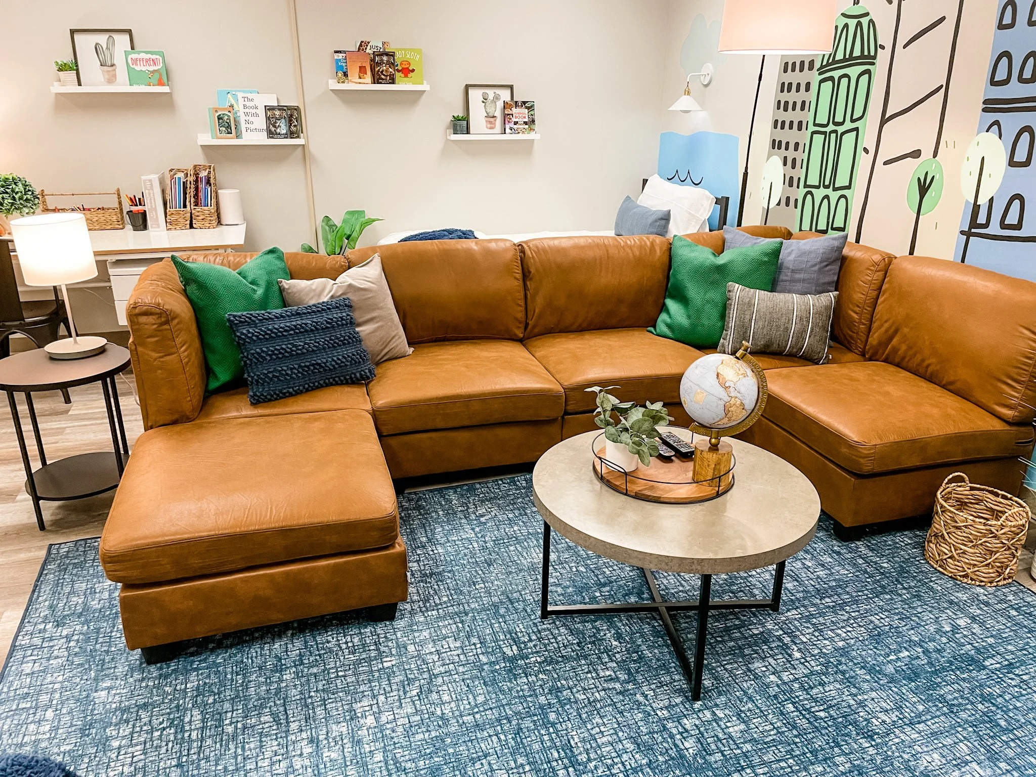 This sectional sofa is easy to wipe clean and can comfortably fit a tall teenager or provide a comfortable place for a young sibling group to cuddle up and watch a movie. 