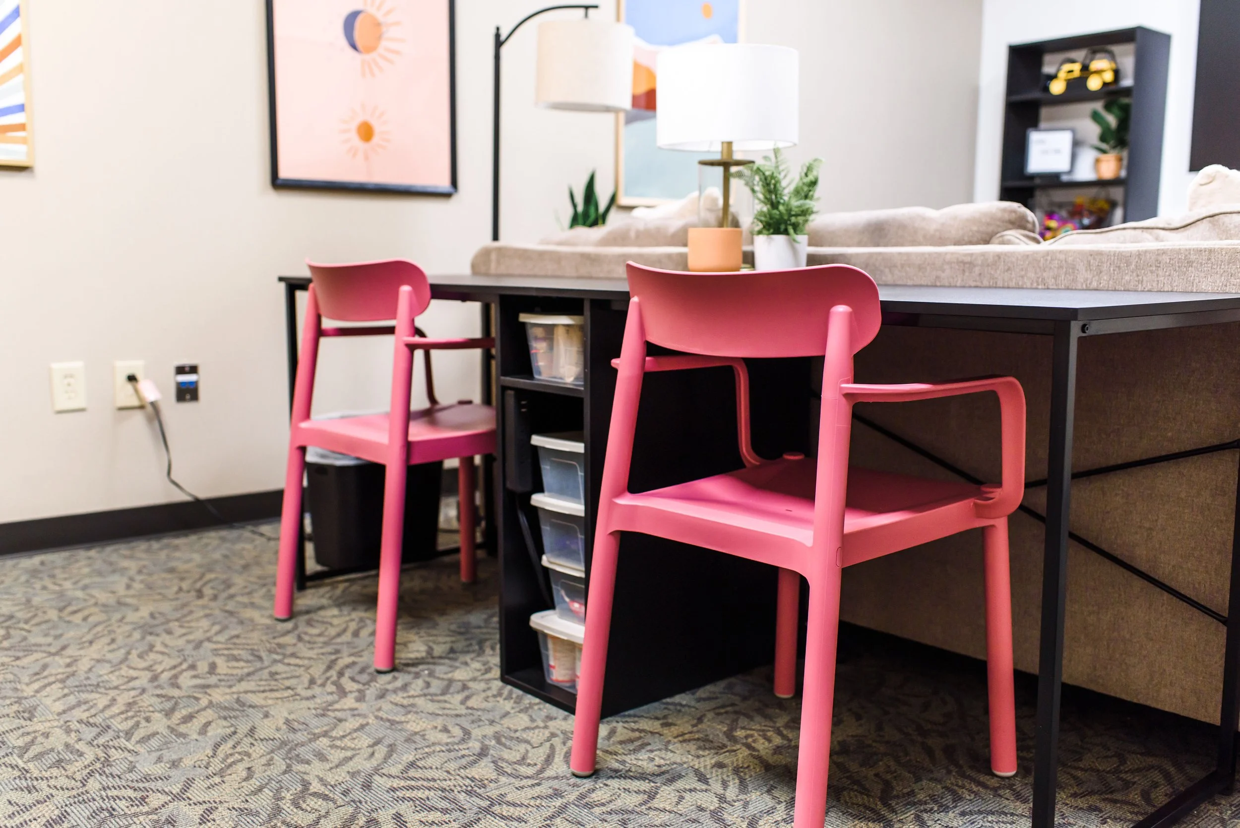 Our team works hard to find surfaces that are easy to clean. These fun pink chairs and double desk are exactly that!