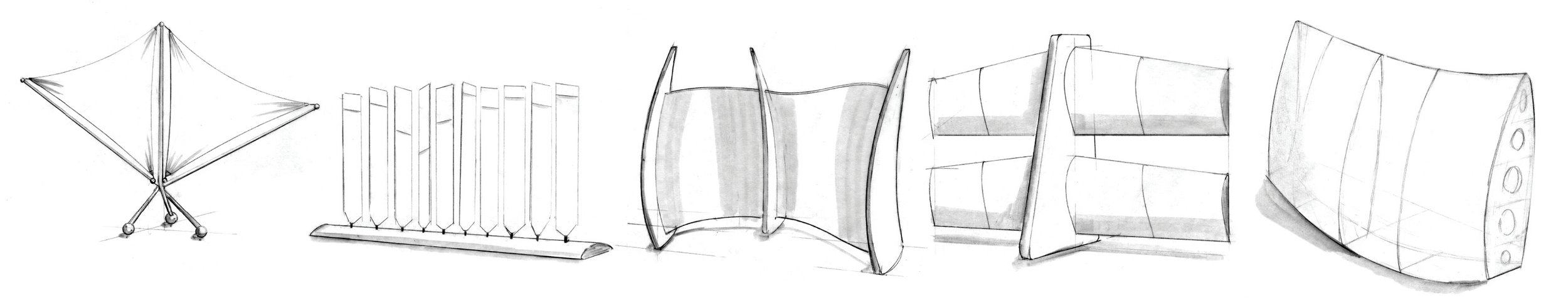 The initial sketches were focused on different implementations of a flexible fabric with structural elements. Based on feedback and discussion, the concepts were simplified into a more cohesive shape, with the structure contained within the fabric. I