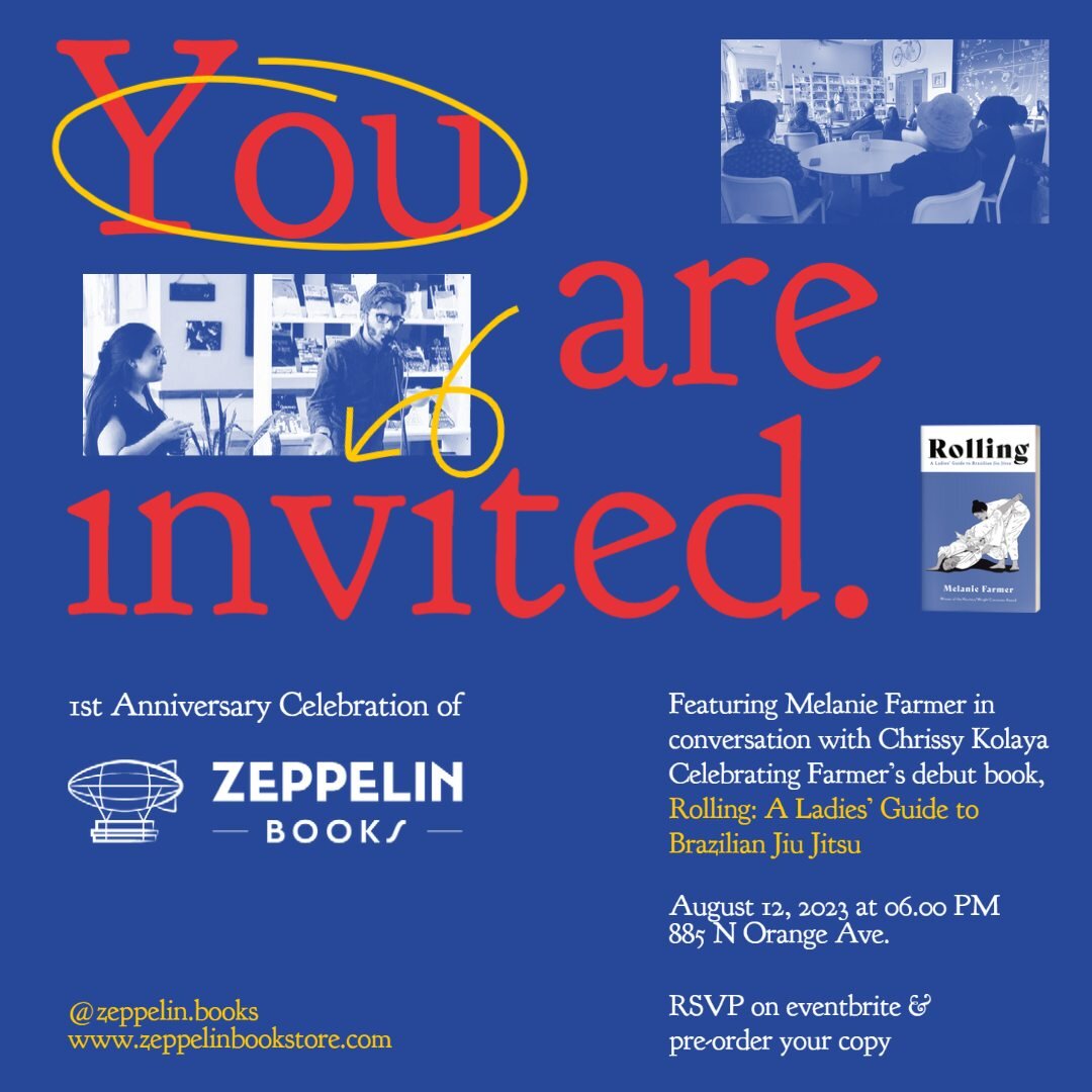 You're invited to our first year anniversary Zeppelin Books party! 🥳

Co-hosted with Orlando indie press legends, @burrowpress , our birthday bash will feature Melanie Farmer and celebrate the release of her new book, Rolling: A Ladies&rsquo; Guide 