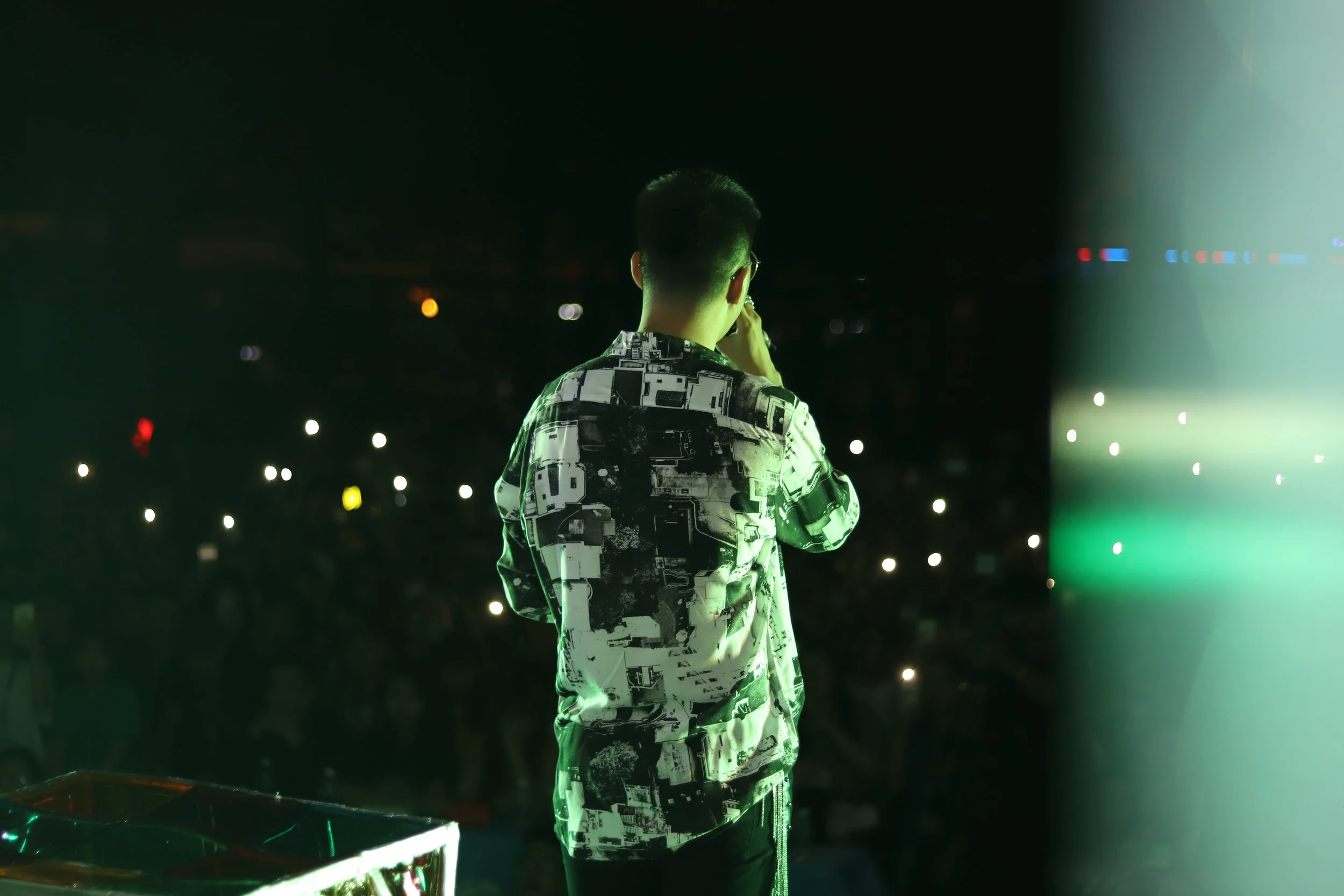 A performer stands on stage at night with their back to the camera, wearing a black and white patterned jacket, holding a microphone, with a large crowd and many small lights in the background.