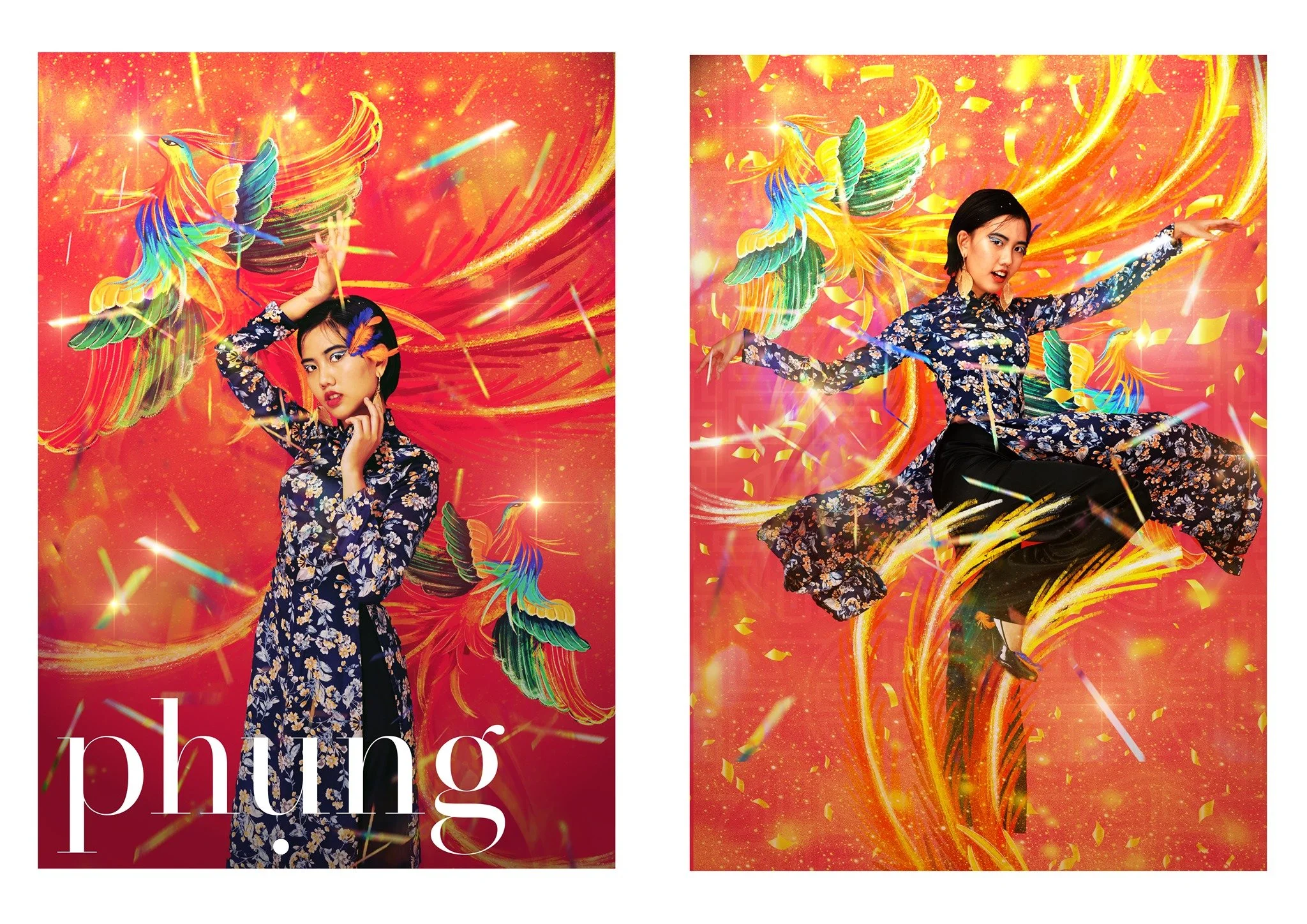 Two vibrant fashion portraits featuring a woman in a floral outfit with a colorful phoenix and dynamic abstract background with flame-like patterns.
