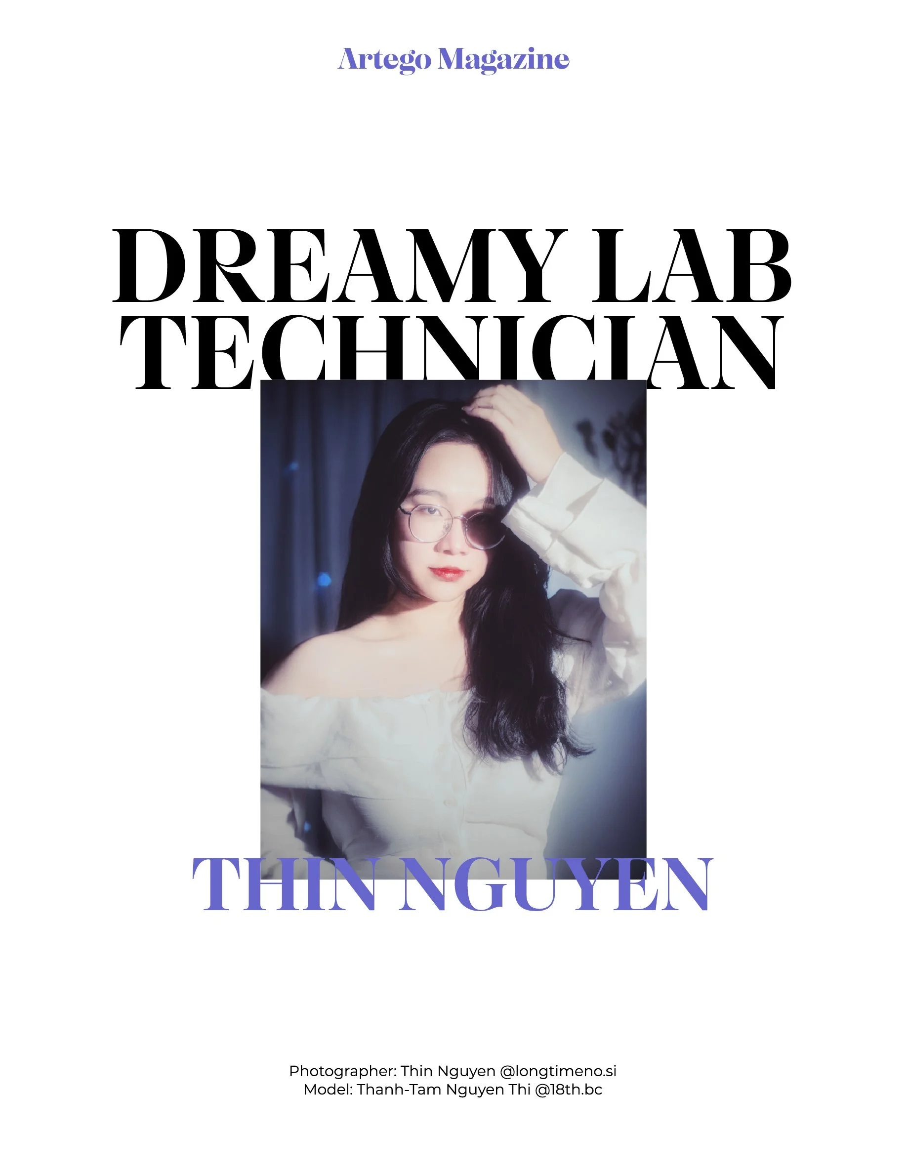 Magazine cover featuring a woman with long dark hair and glasses, wearing a white off-shoulder top, with the title 'Dreamy Lab Technician' and the name 'Thinh Nguyen'.