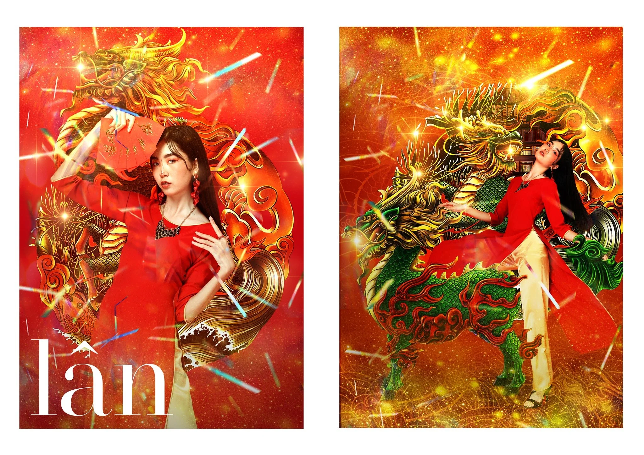 Two vibrant images with Asian women dressed in red and gold traditional clothing. Both images feature large, ornate dragon artwork in the background, with fiery red, gold, and green colors, and dynamic, swirling patterns.