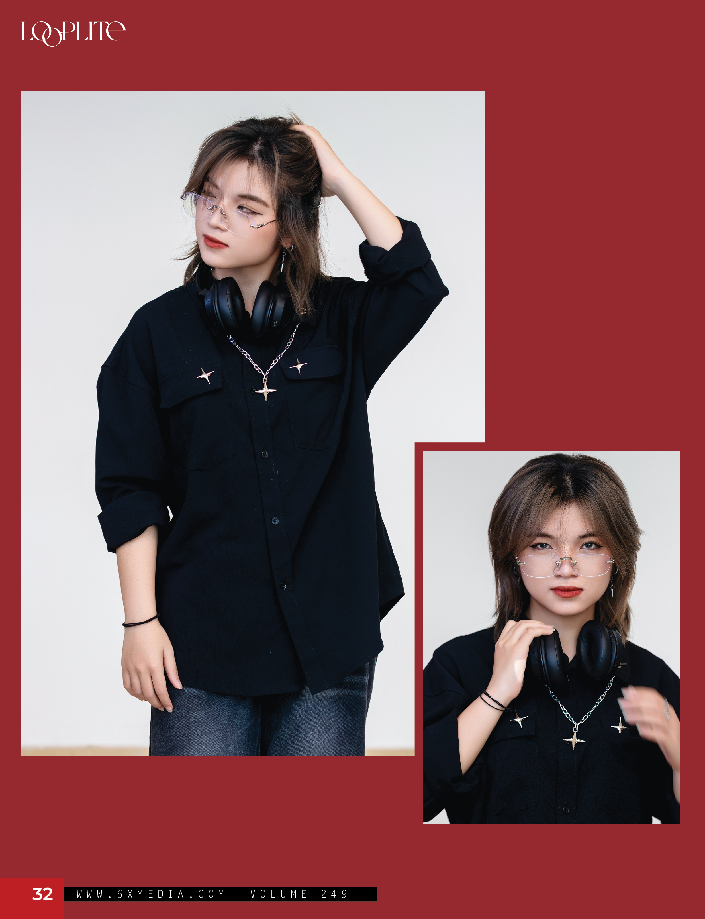 A young woman with shoulder-length brown hair, wearing glasses, a black shirt with star-shaped embellishments, and headphones around her neck, posing in a studio with a white background.