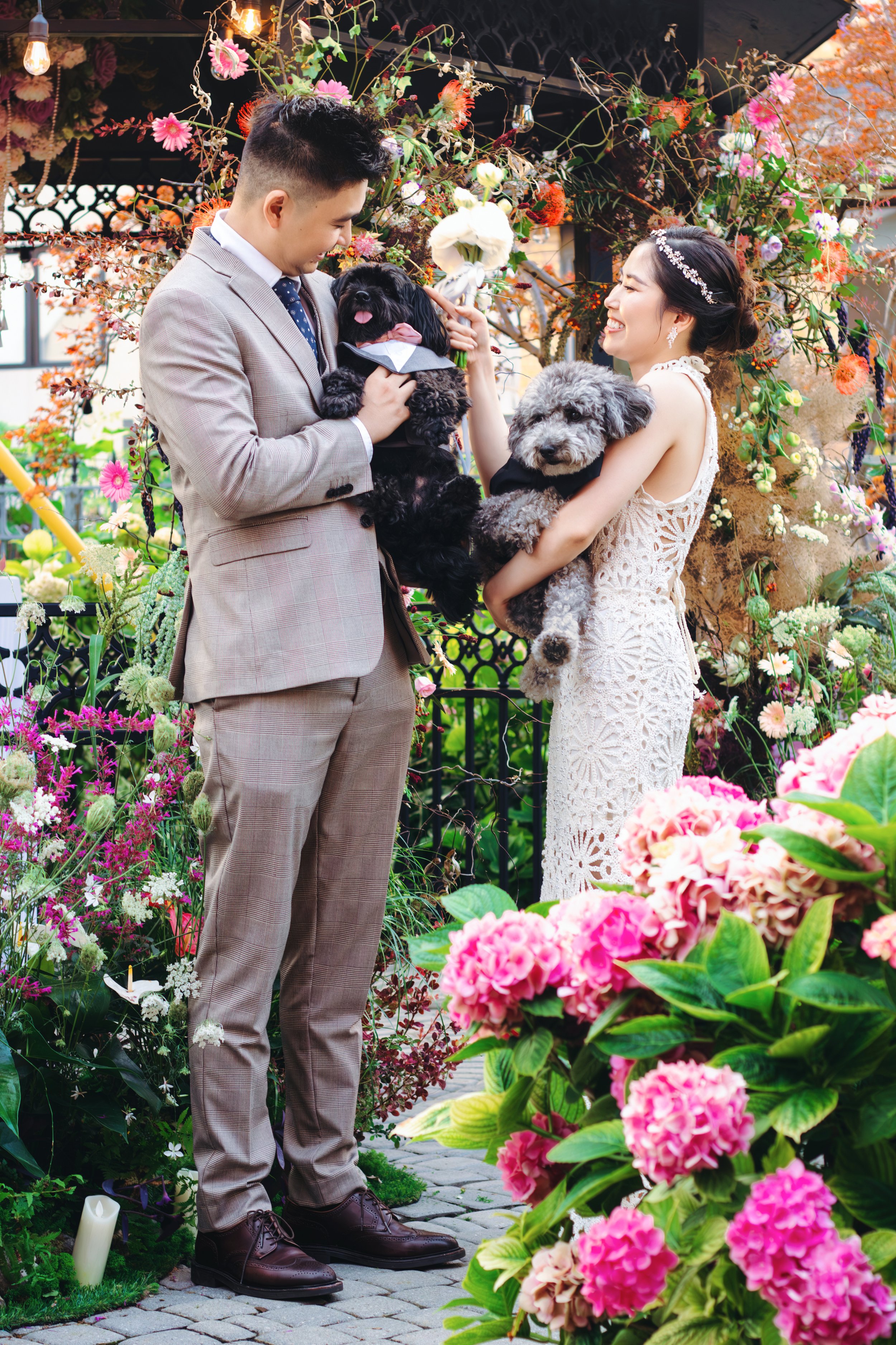 A bride and groom holding their dogs, smiling at each other in a garden decorated with flowers and hanging lights.