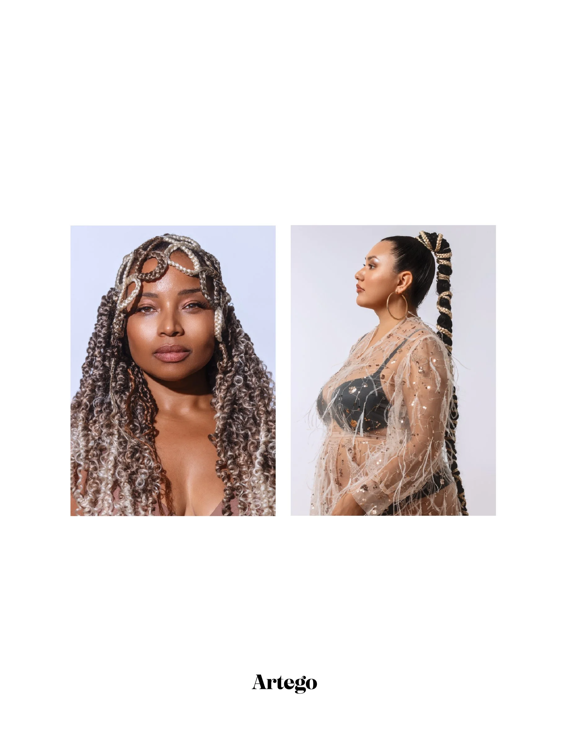 Side-by-side portraits of two women with elaborate hairstyles and makeup, one with curly silver-brown hair and the other with long braided black and blonde hair, against a light background, with the word 'Artego' at the bottom.