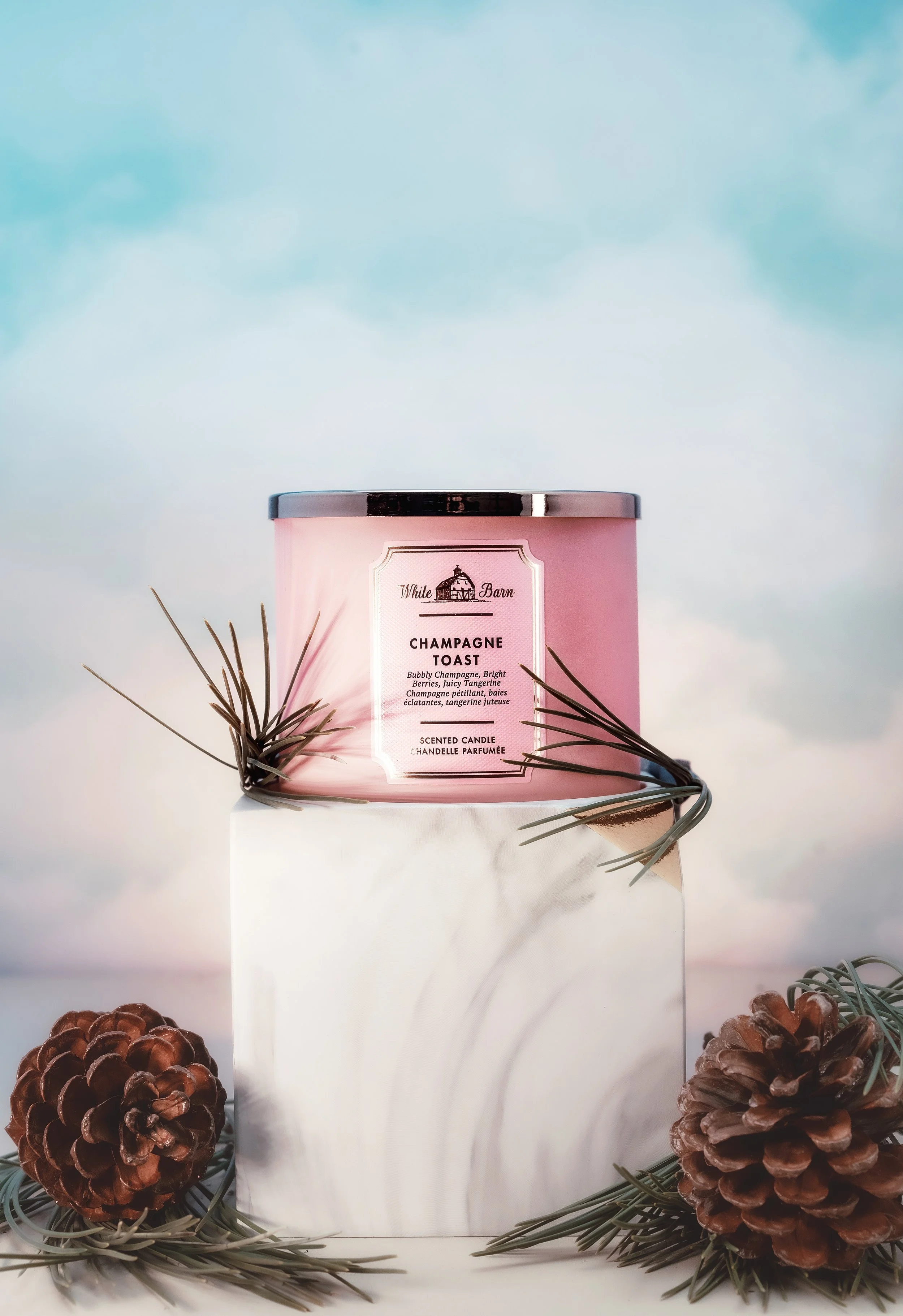 Pink candle labeled 'Champagne Toast' on a white marble block, decorated with pinecones and pine needles, against a cloudy sky background.