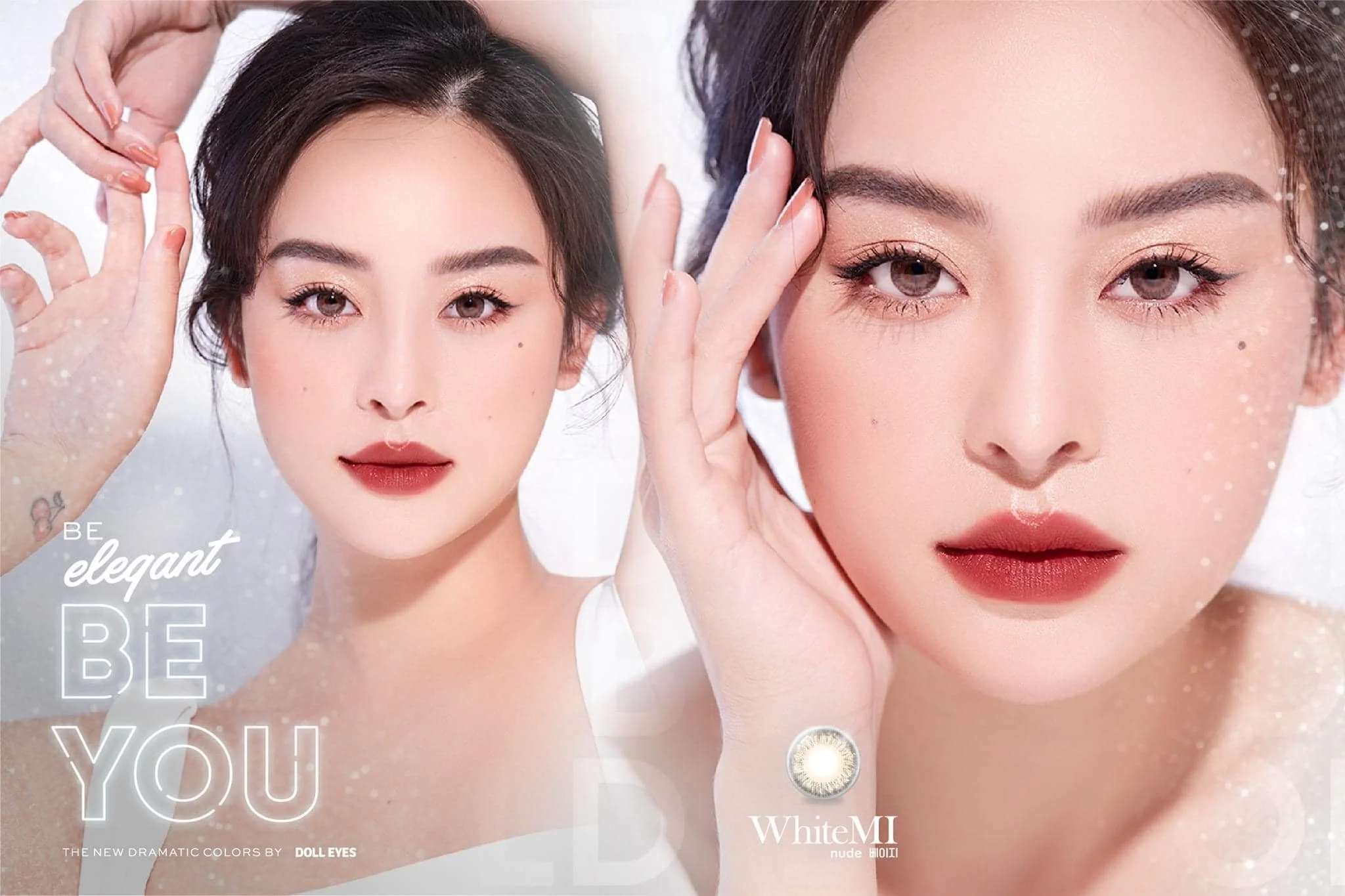 A close-up of a woman with dark hair, wearing makeup, holding her hand near her face, with text reading "Be elegant, Be You" and cosmetics branding.