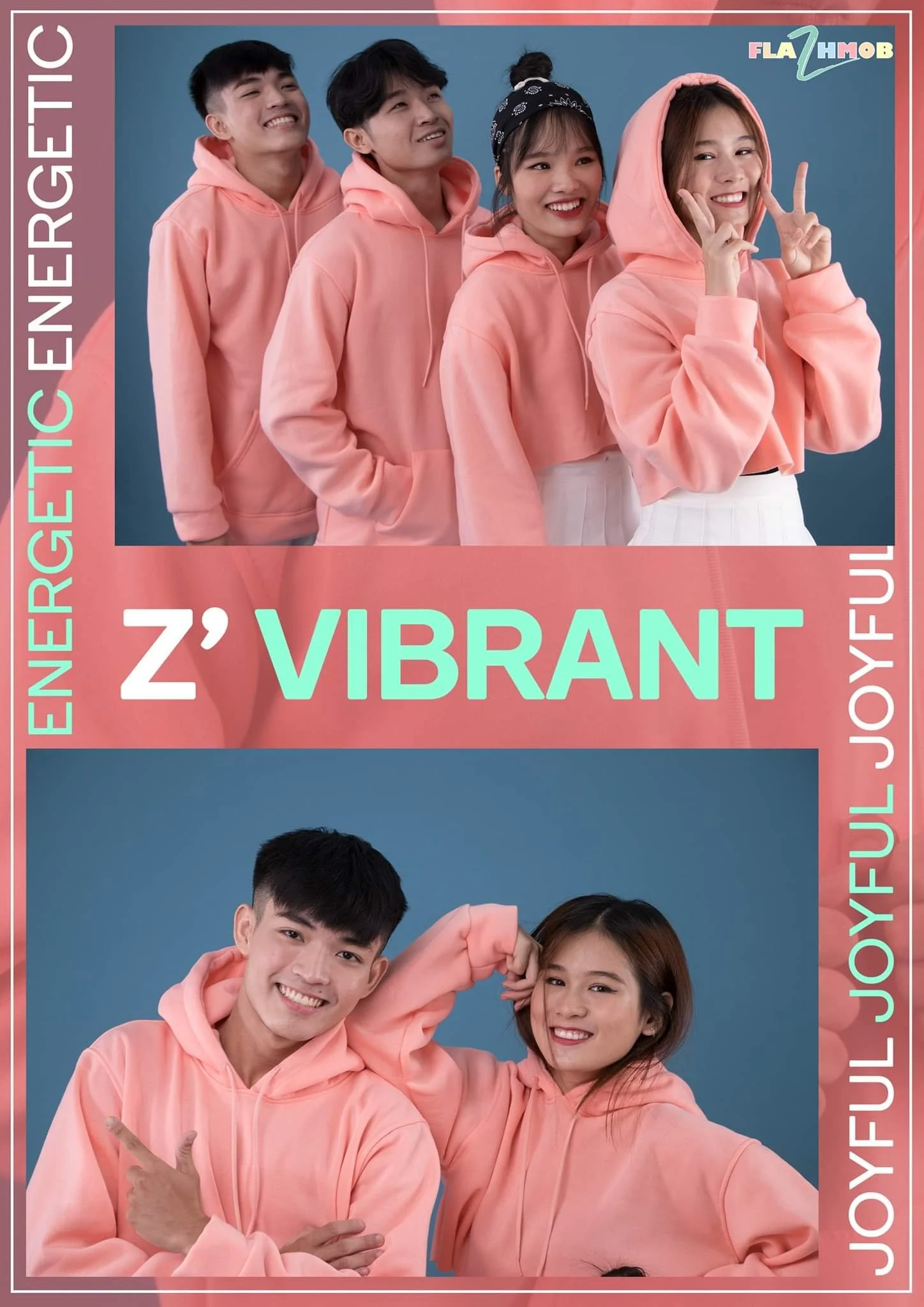 Two groups of young people wearing matching peach hoodies pose for photos against a blue background. The top group has four people, with one making a peace sign and smiling. The bottom group has two people, with one pointing and the other flexing arm