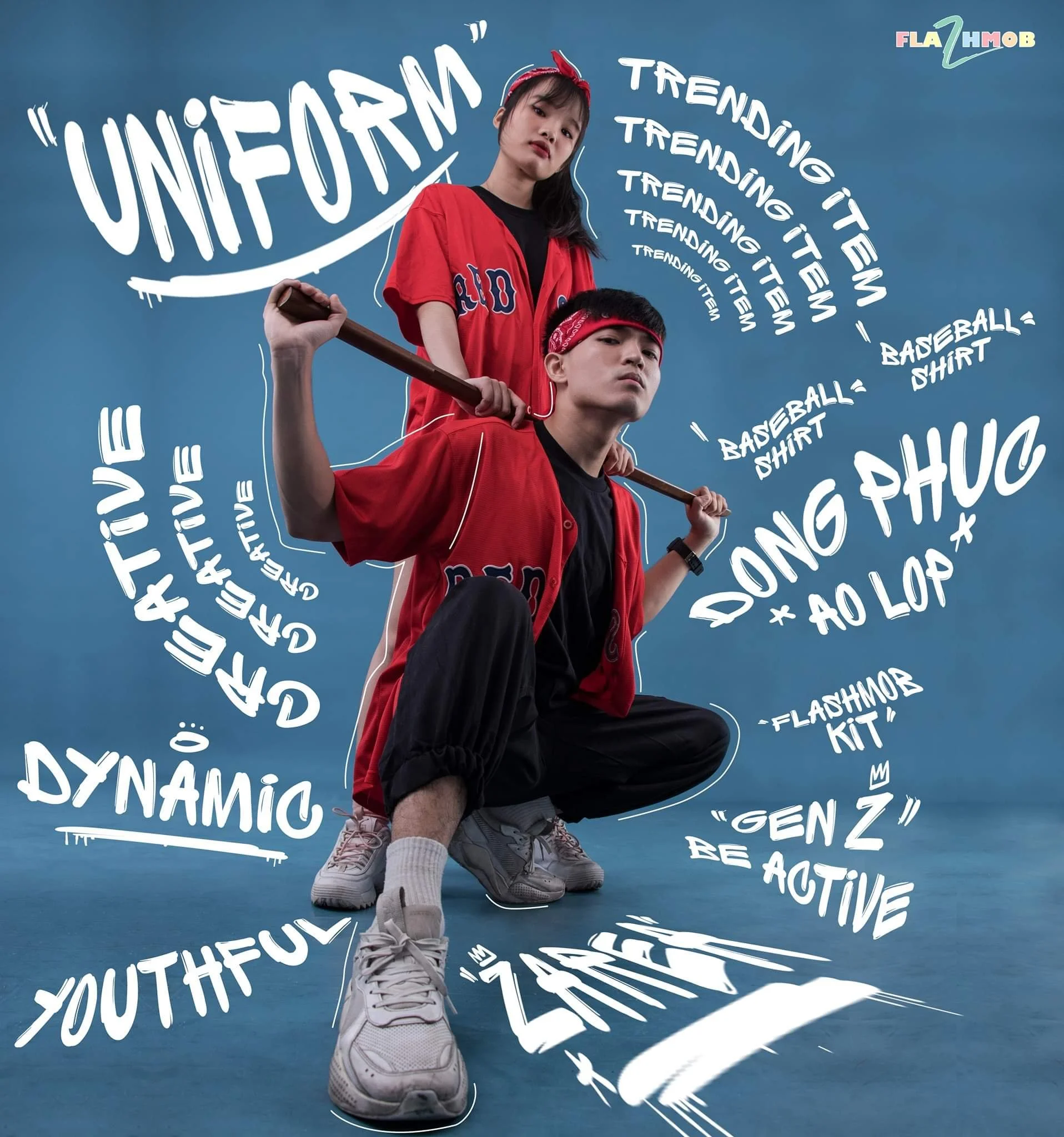 Two young people dressed in red baseball jerseys, with one crouching holding a baseball bat and the other standing behind them. The background is blue with white handwritten words and phrases like 'UNIFORM,' 'DYNAMIC,' 'YOUTHFUL,' 'TRENDING,' and 'BE