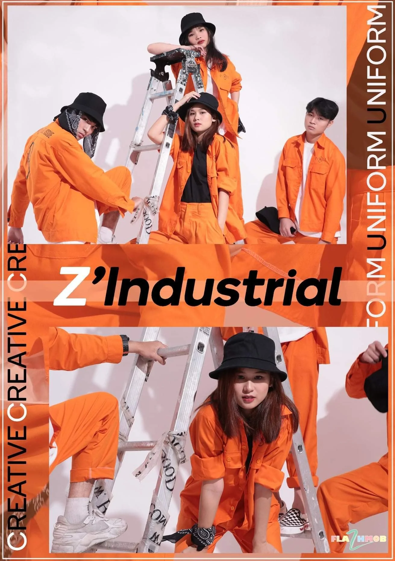 Group of five young people in orange industrial-style outfits, posing around a ladder. Two are wearing black hats, one is crouching, and one is standing on the ladder, all against a plain white background. Text overlays reading 'Z' Industrial' and de