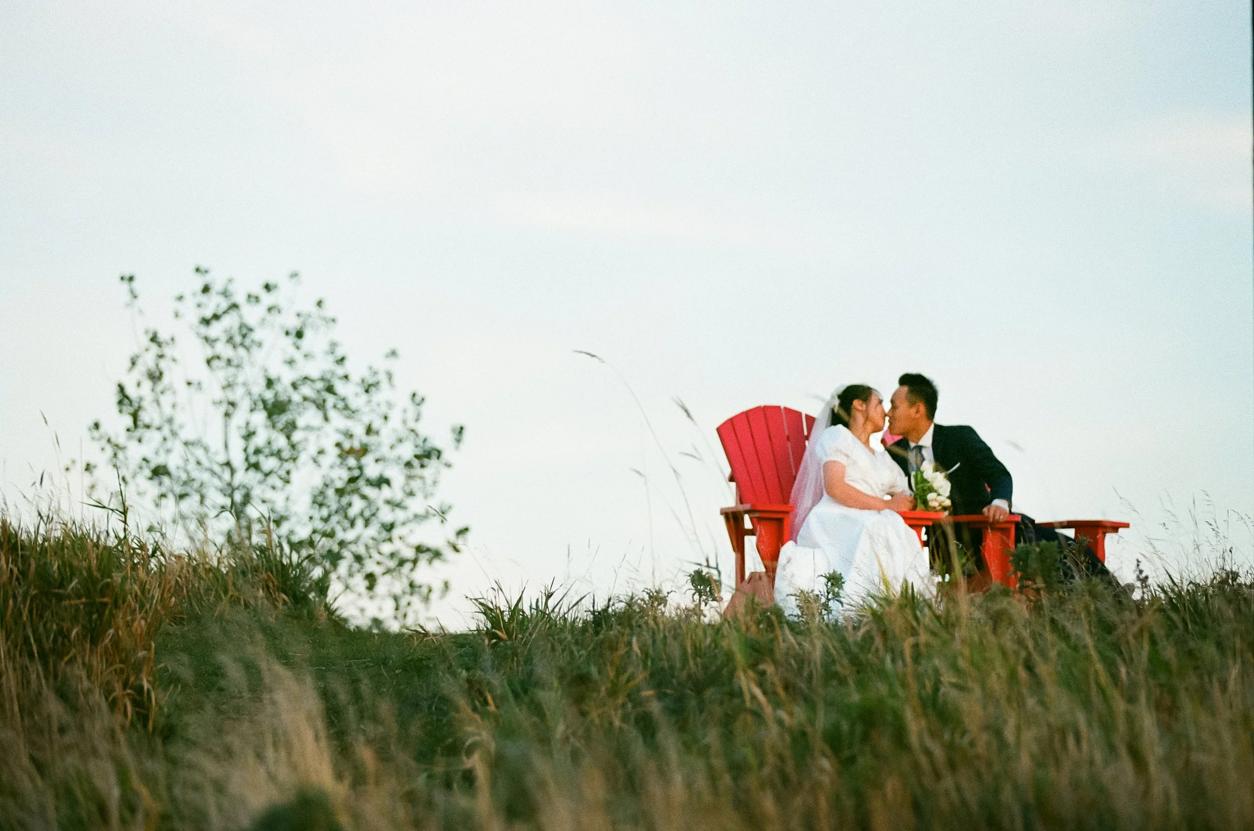 A couple in wedding attire sitting on a red Adirondack chair outdoors, leaning in for a kiss, with a grassy field and a tree in the background during sunset or late afternoon.