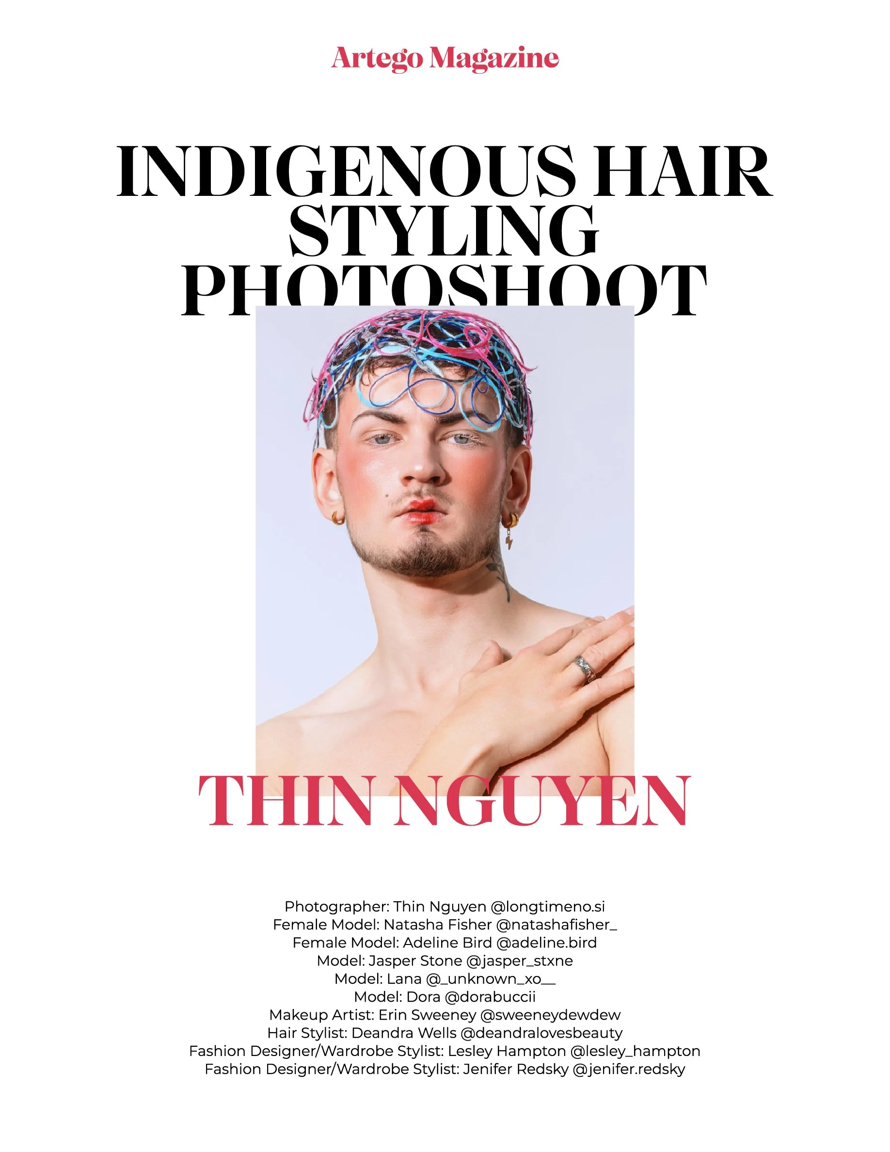 Magazine cover titled 'Artego Magazine' with a photo of a person with colorful curly hair, makeup, earrings, and a hand placed on their shoulder. The person is shirtless.