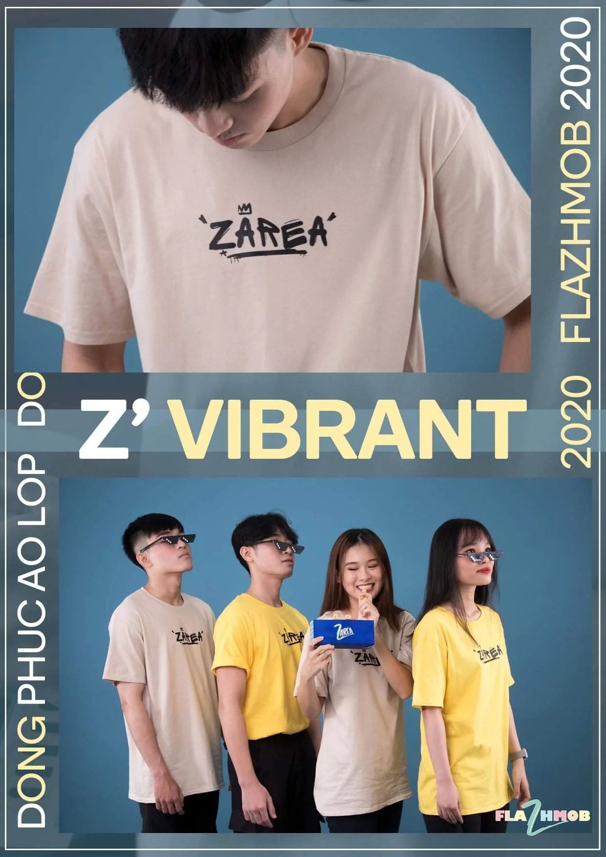 A group of four young people posing in front of a blue background, wearing sunglasses and casual T-shirts with the word 'ZAREA' on them, some in beige and others in yellow, with one holding a small blue box with 'ZAREA' on it. The image features text