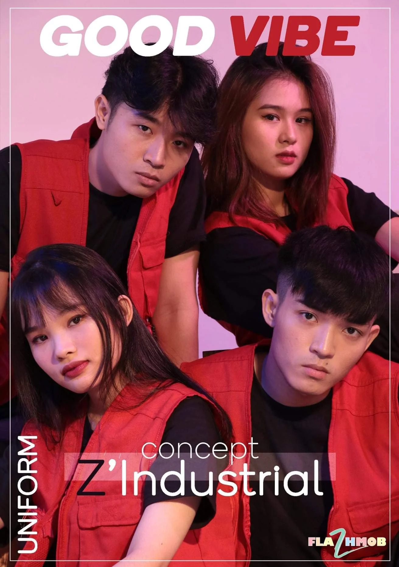 Four young people wearing red and black outfits posing for a photo with a pink background. The text reads "Good Vibe," "Concept Z'Industrial," and "Unifori."