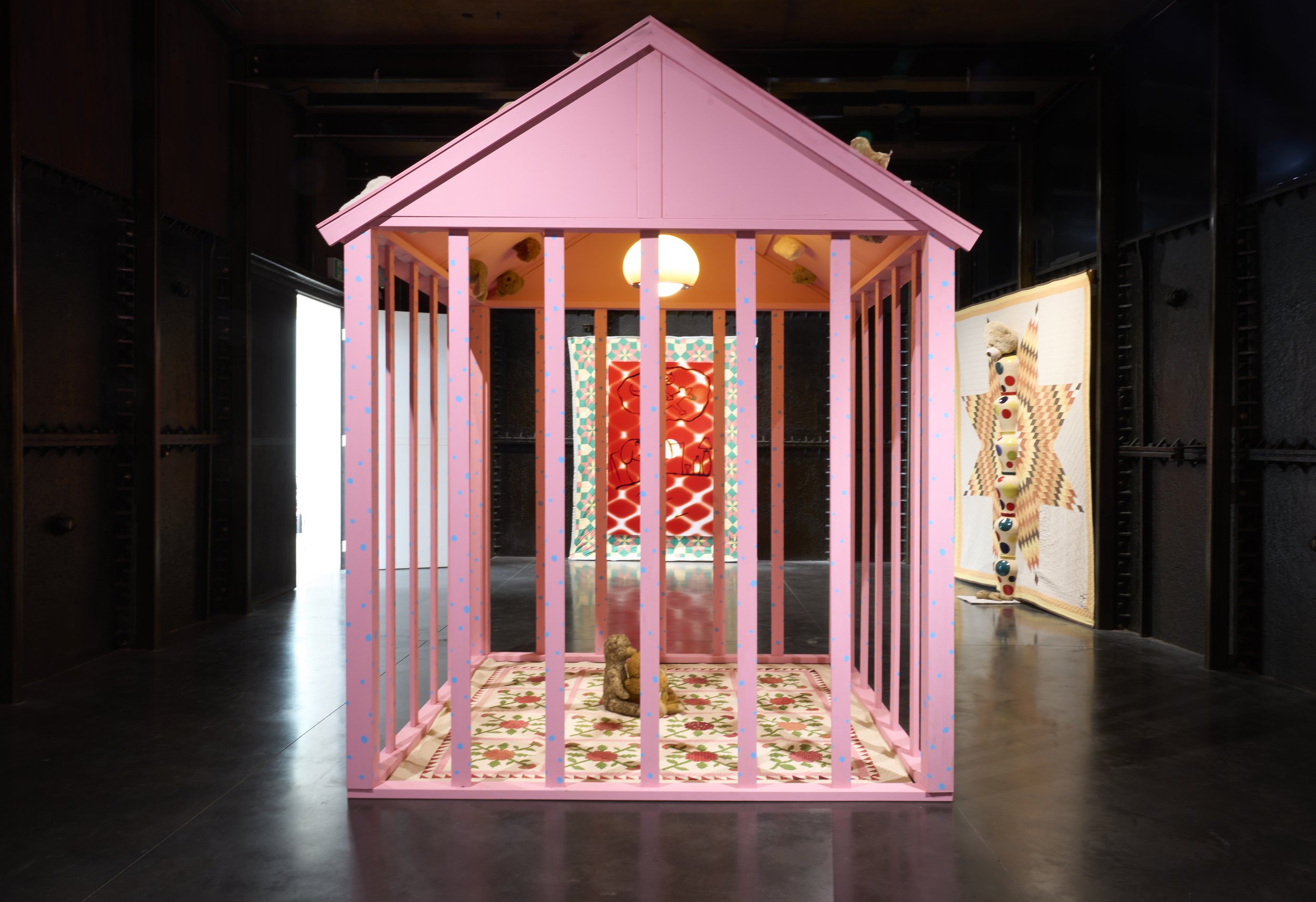 Memory House, 2022, Wood, quilt and stuffed animals, 290 x 230 x 220 cm, 114 x 90 x 86”