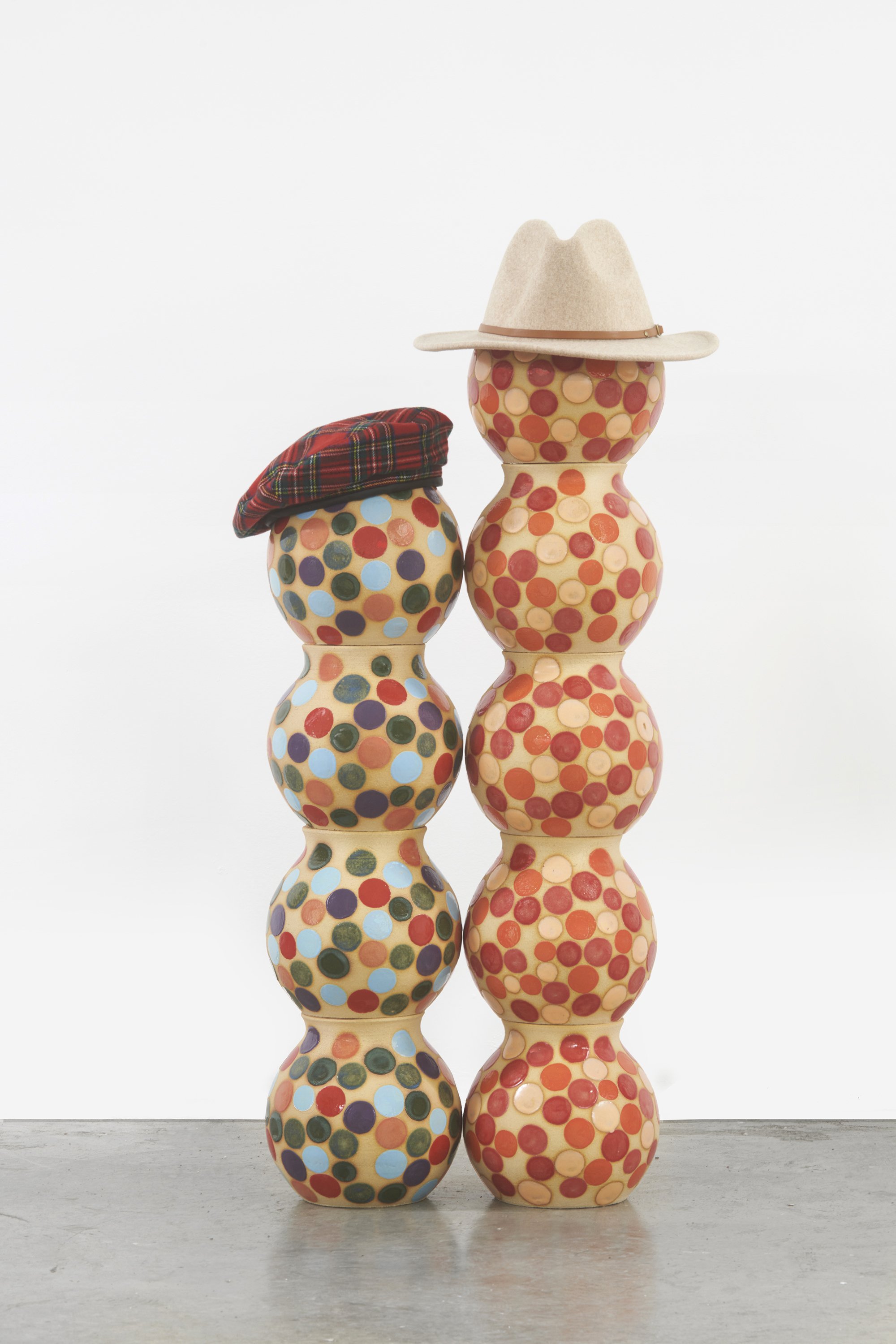 Couples, 2022, glazed ceramic pots, hats, 42 x 14 x 7”
