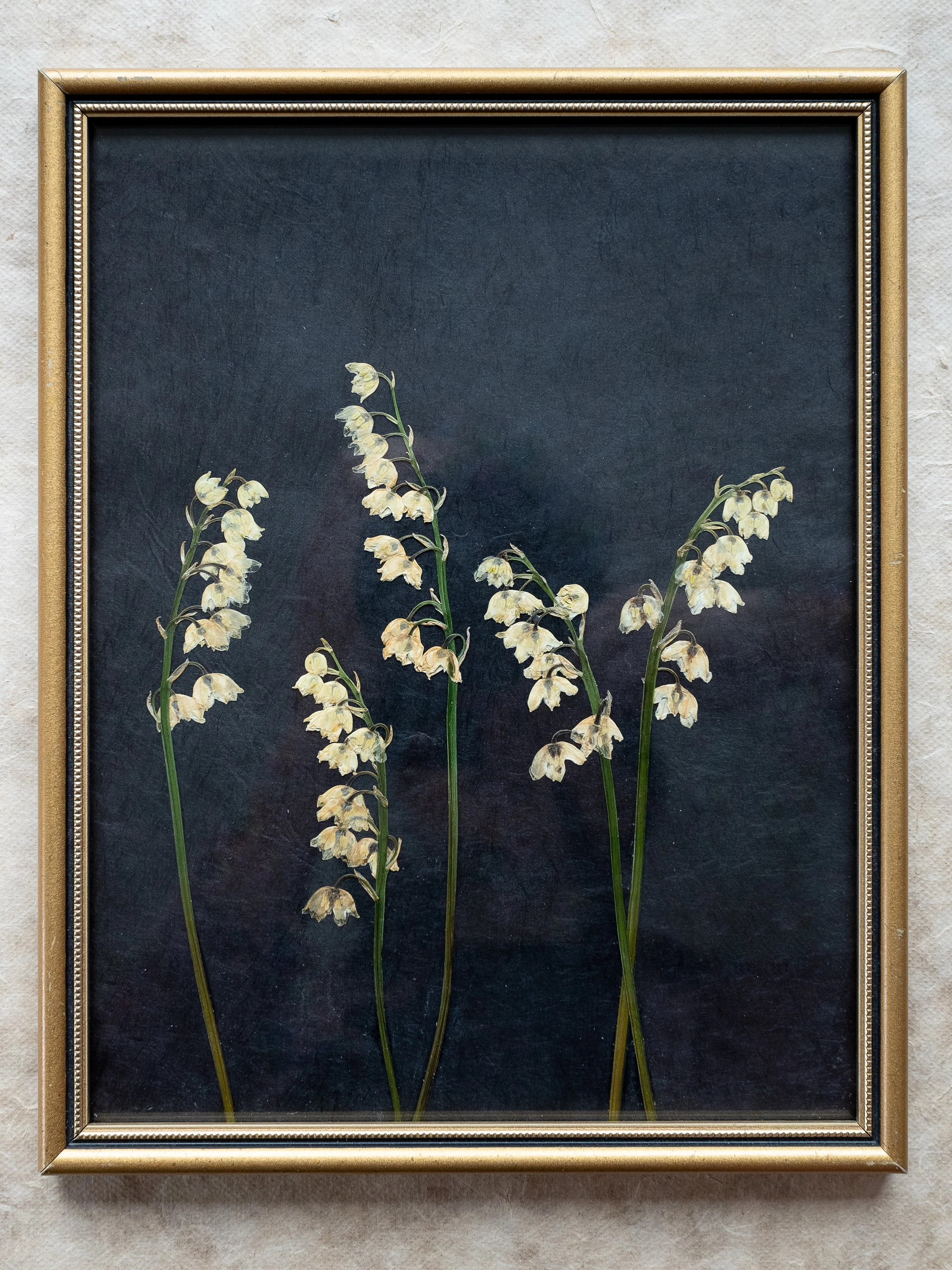It was such a joy to create this beautiful lily-of-the-valley commission - they look so striking on a dark background. Finished in a gorgeous vintage frame. 🤍