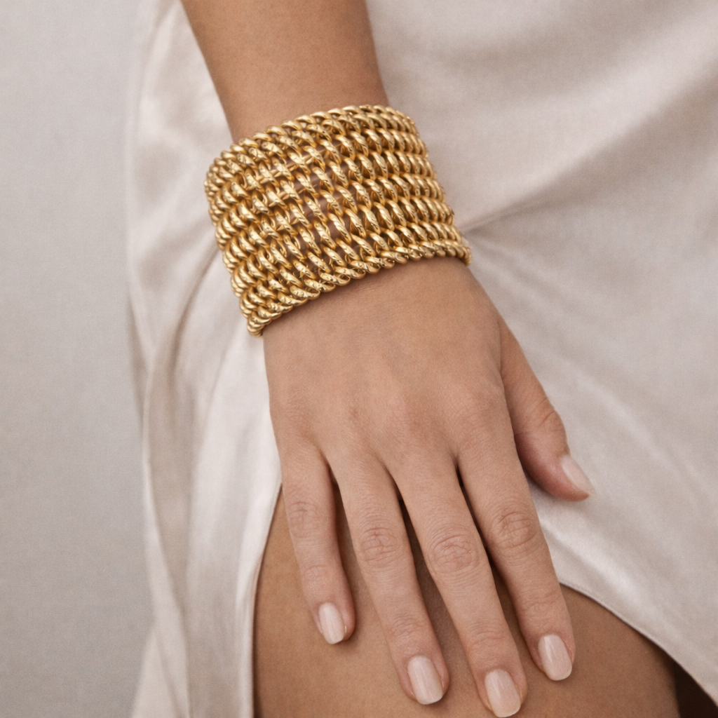 18ct French Gold Woven Cuff Bracelet – 108g