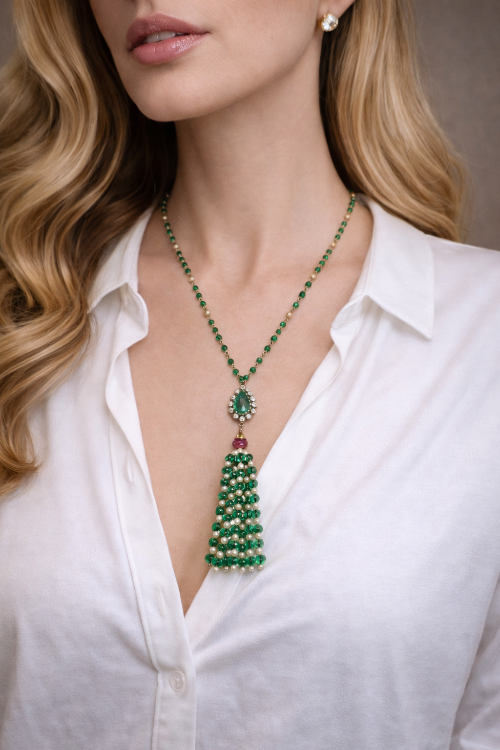 1950s Indian Colombian Emerald, Burma Ruby & Pearl Tassel Necklace in 18ct Gold