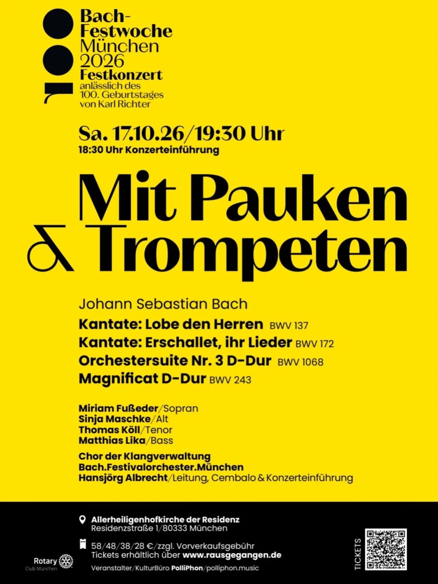 Mit Pauken &amp; Trompeten - das Festkonzert zur Bach-Festwoche M&uuml;nchen 2026 am Samstag, 17. Oktober in der Allerheiligenhofkirche der Residenz in M&uuml;nchen -> Tickets &uuml;ber den Strichcode und im Online Vorverkauf!
&mdash;
#hansj&ouml;