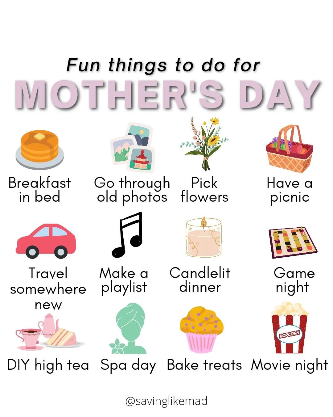 Mother's Day is coming up this Sunday. 🌷🌸💐🌼🌻
Mother's Day is the day to show the mother figures in your life how much you love and appreciate them, and what better way to do that than by spending quality time together. 

Here are some fun and in