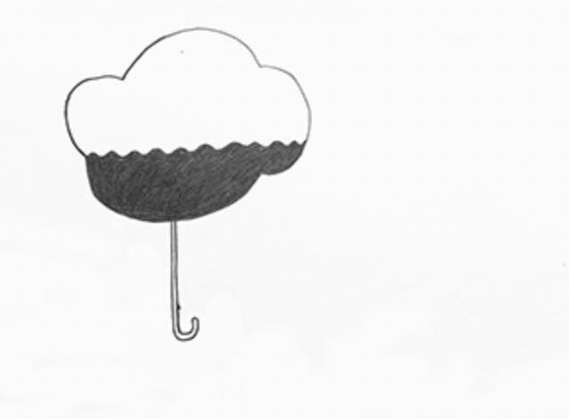 Drawing of an umbrella with a cloud-like top and a dark shaded bottom, with a curved handle.