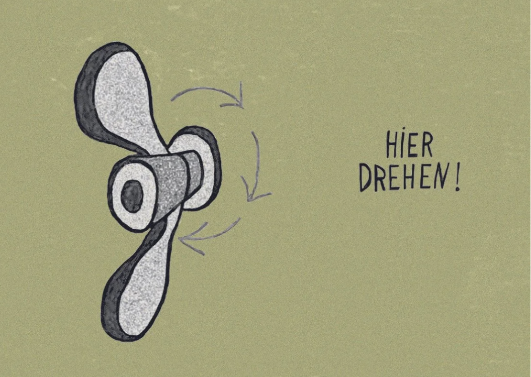 A drawing of a door latch with a hand-turn handle, accompanied by the German text 'Hier drehen!', which means 'Turn here!'