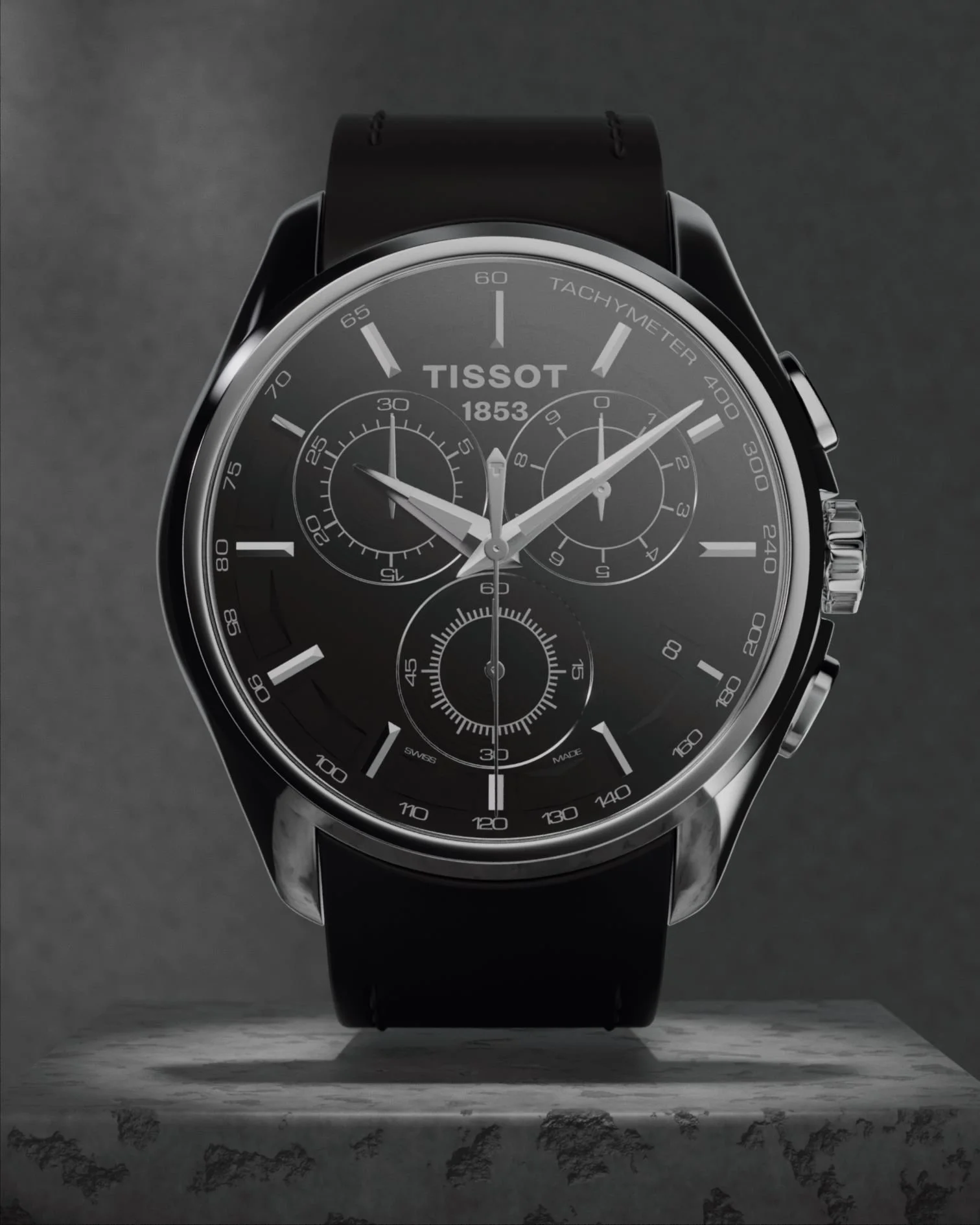 Watch CGI render -- photorealistic watch on dark background