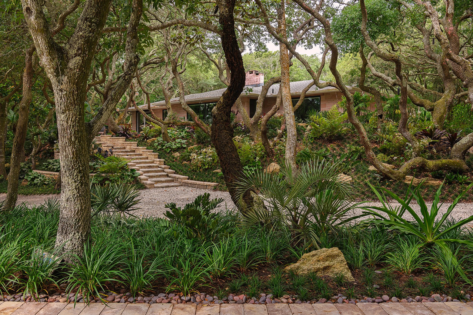 A house surrounded by a lush green garden, Live Oak trees and an assortment of tropical plants being photographed for a landscaping company in Amelia Island, FL.