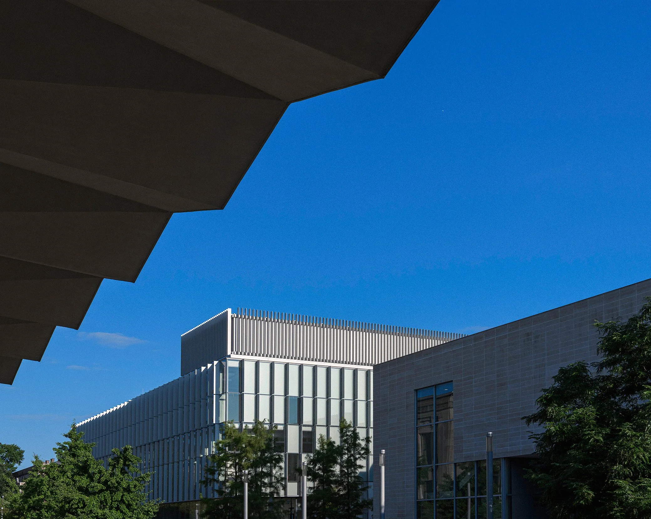 Modern architectural building with metal and glass facade, trees in front, and a clear blue sky.