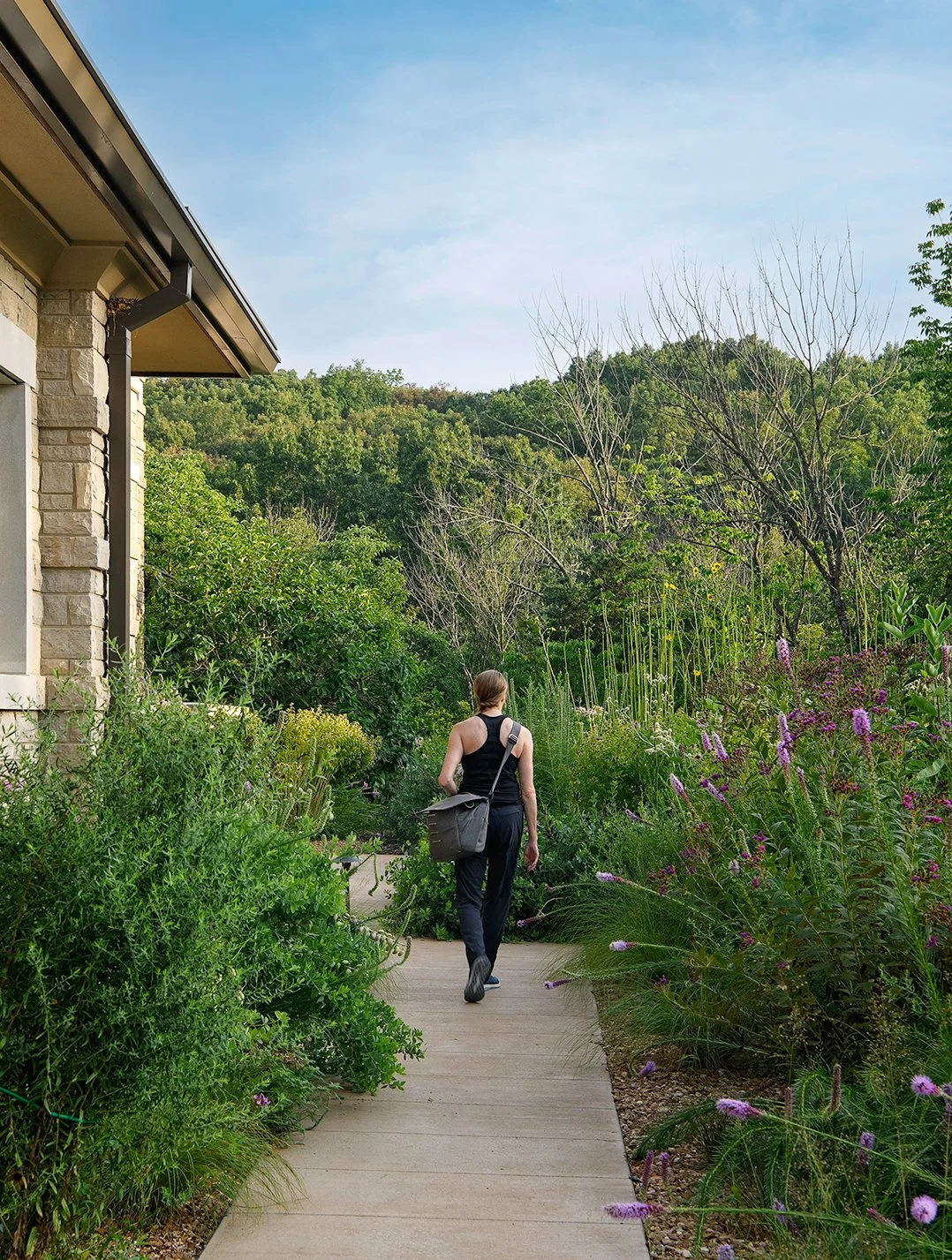 A garden photographer walking on a concrete path through a lush garden adjacent to a house, with rolling hills and a blue sky in the background.