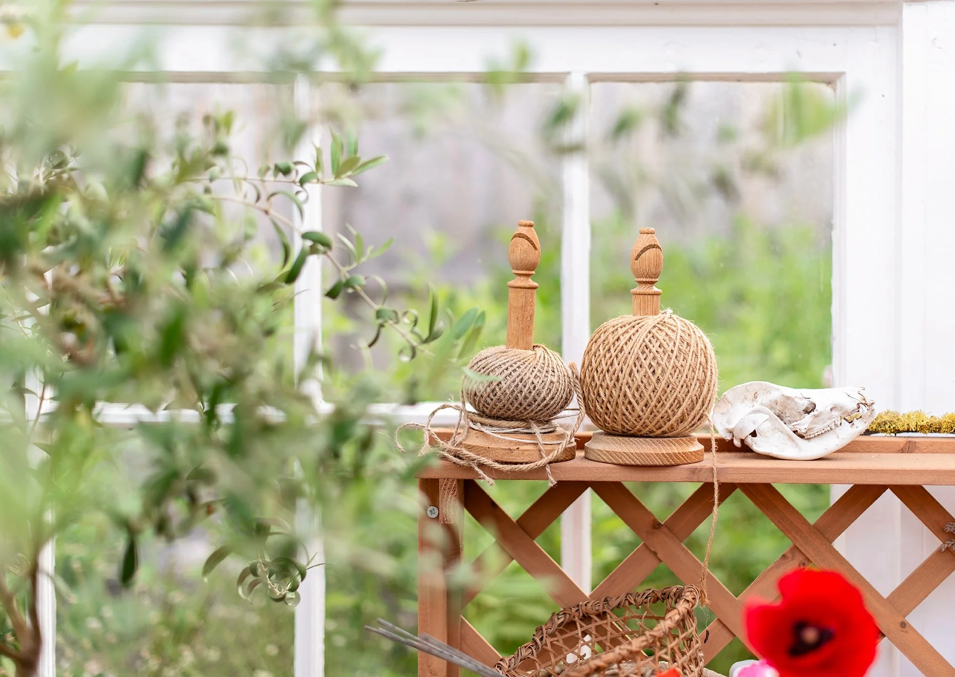 A wooden shelf with two decorative objects wrapped in jute twine, a white animal skull, and a red flower in the foreground, set against a background of a window and greenery outside.