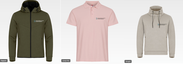 uddrag fra webshop: en grønlig jakke, en lyserød polo og en beige sweatshirt