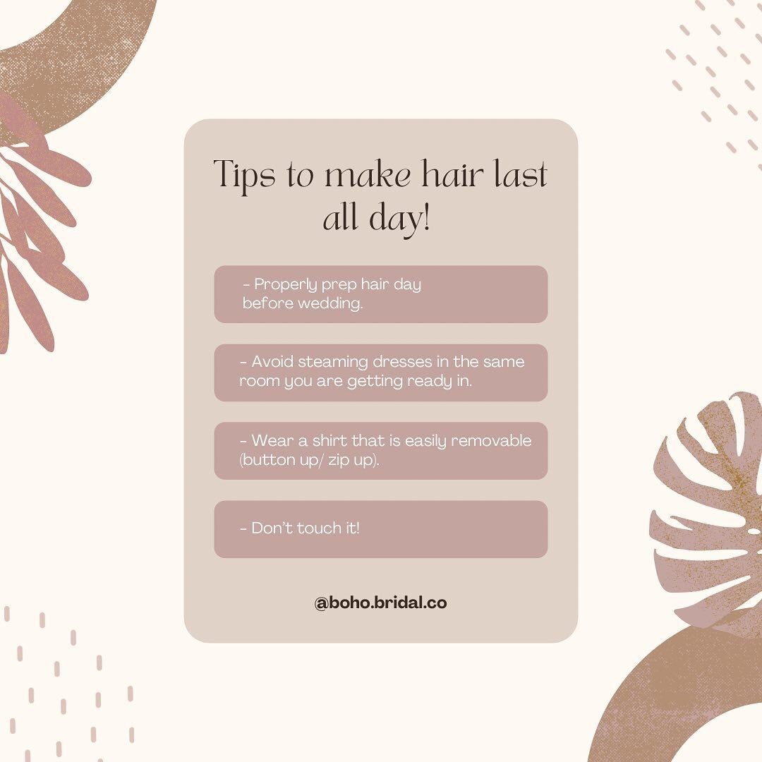 Worried your hair won&rsquo;t last all day? Here&rsquo;s some tips to get your style to last. 

-Properly prep your hair to be styled. I have a post all about this a couple pictures back! 

- Avoid steaming dresses in the same room you are getting re