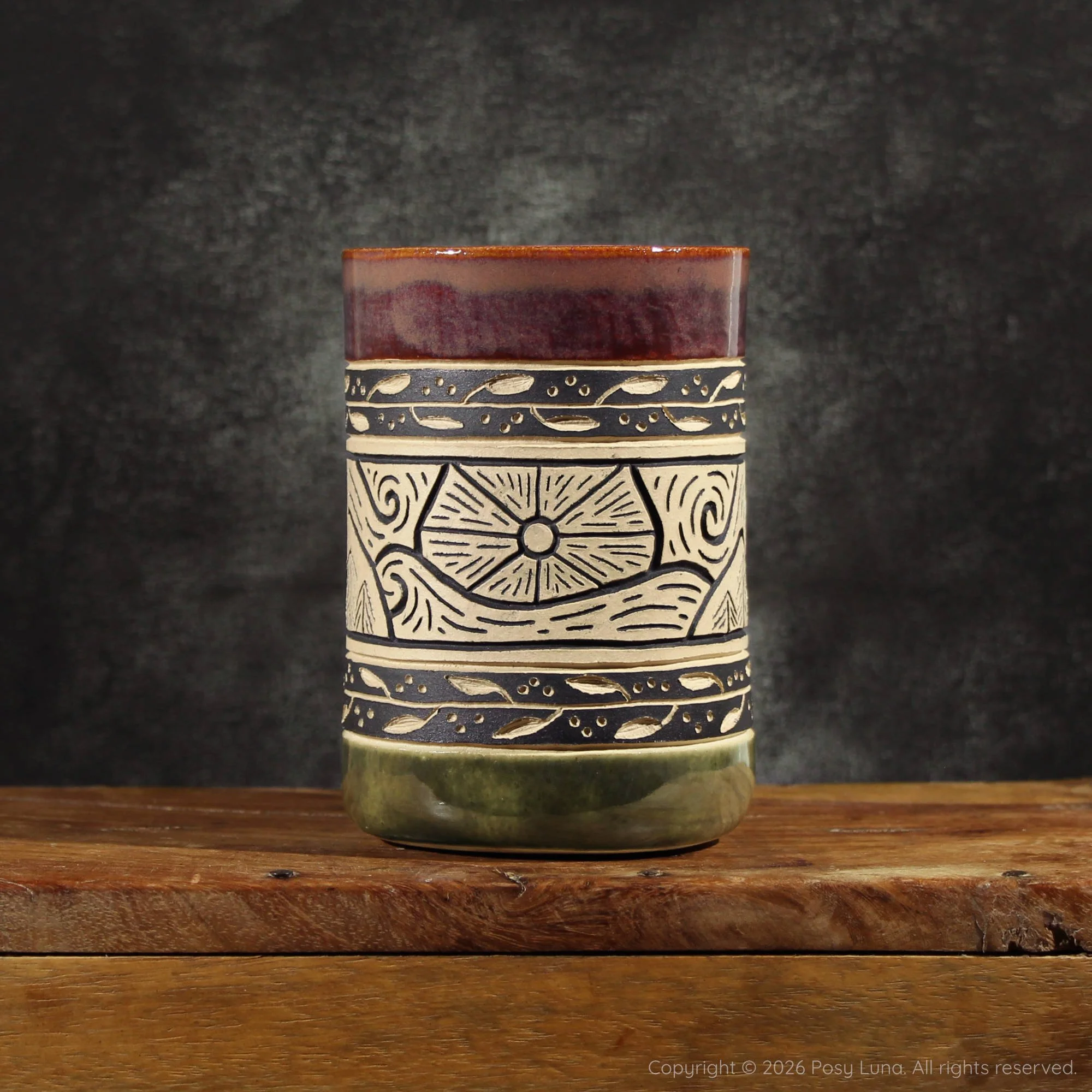 Sun Mug - Plum Red and Shiny Moss