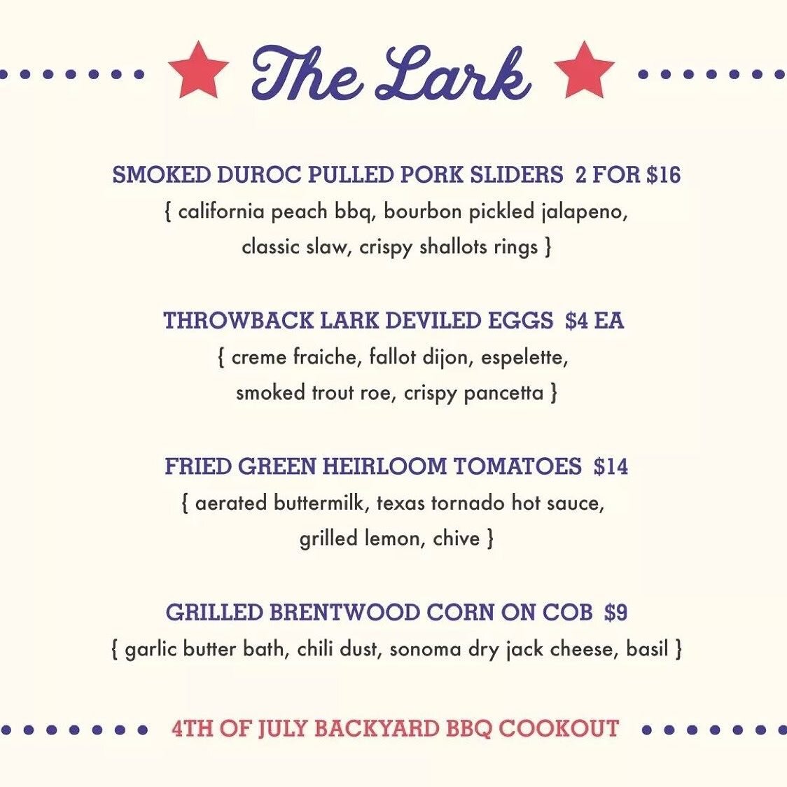 #july4th #barbecue at @thelarksb #Fireworks in your mouth. By @jasonpaluska Repost from @thelarksb
&bull;
The Lark 4th of July Cook Out menu is here!&nbsp;🍖 

​​Join us for Executive Chef Jason Paluska's special Independence Day Backyard BBQ Cook Ou