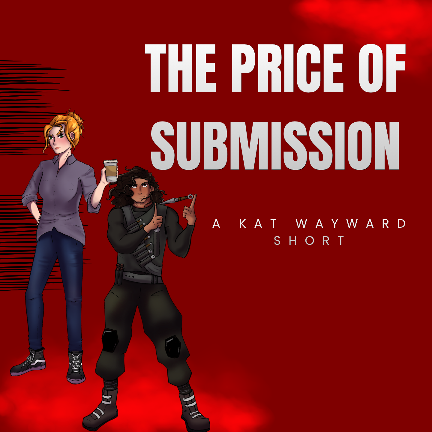 Book cover titled "The Price of Submission" by Kat Wayward, featuring two illustrated women, one with red hair holding a coffee, the other with dark curly hair and combat gear, set against a red background.