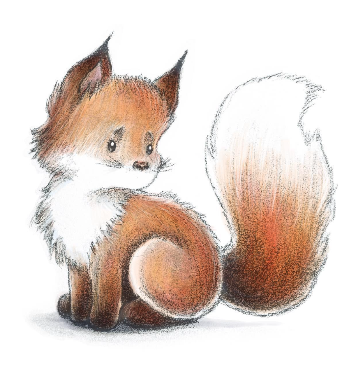 Cute illustrated fox with large bushy tail and round body sitting next to a large round object, with a white background.