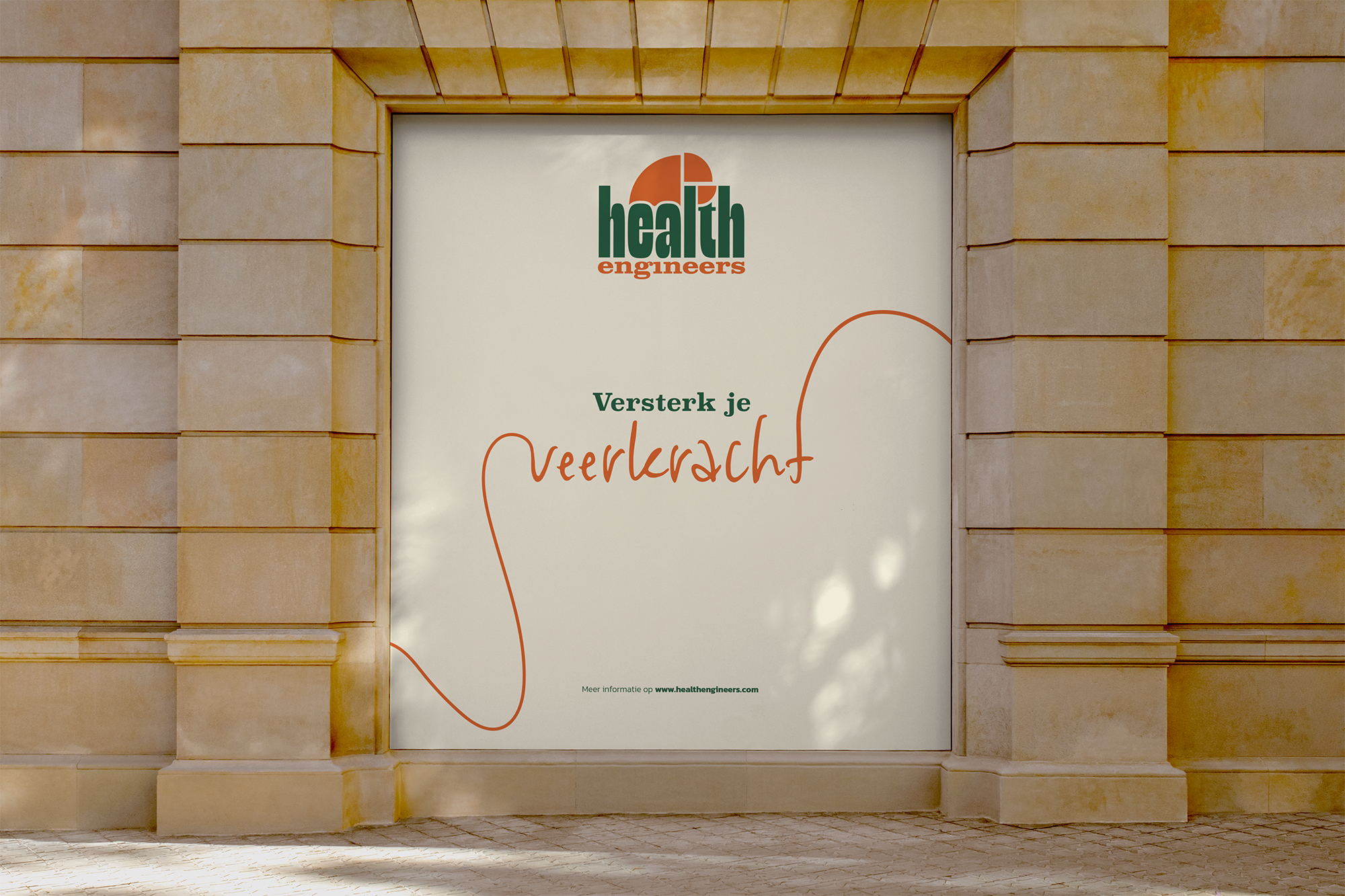 A large billboard on a stone wall from 'health engineers' with a logo featuring a stylized pie chart or circle, and Dutch text promoting health enhancement.