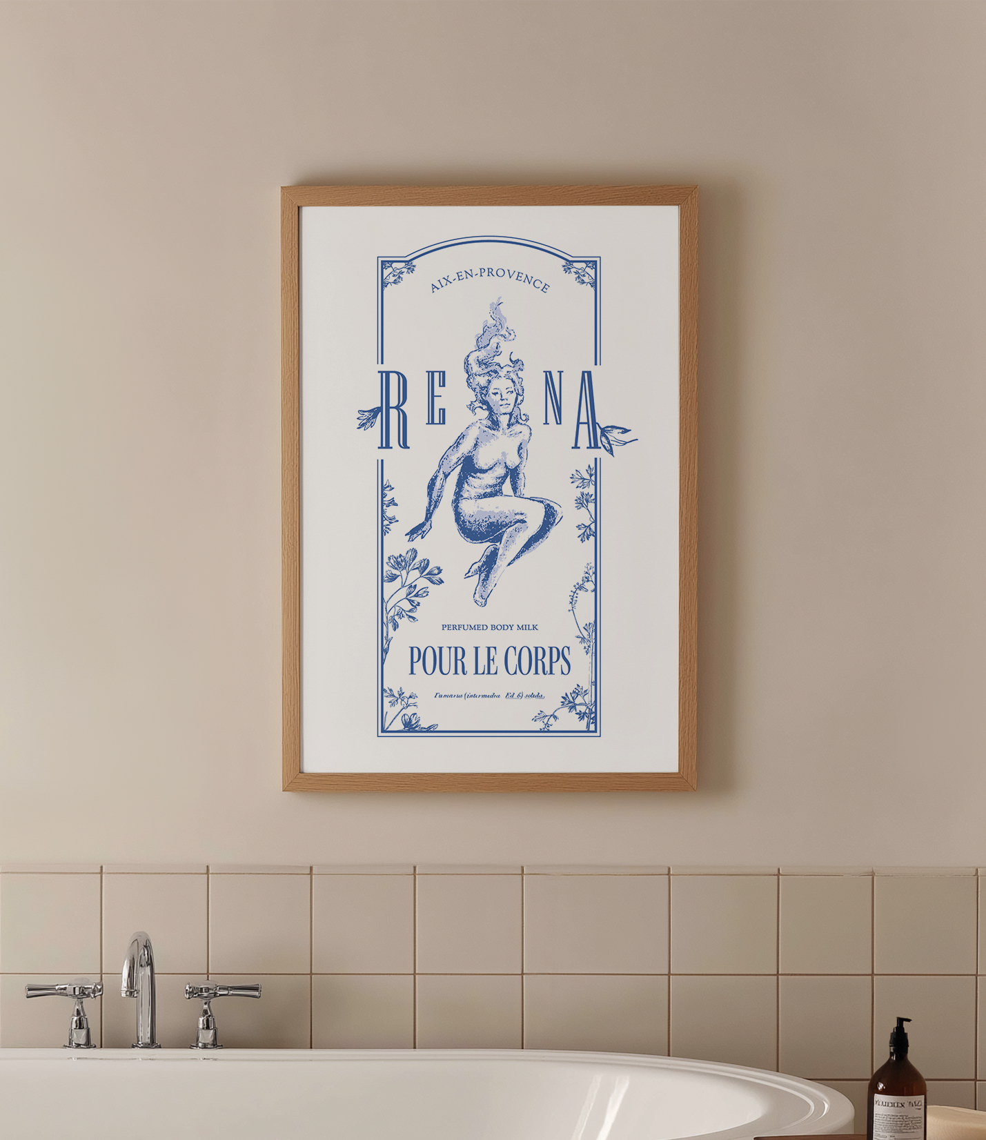 Framed poster on a beige wall promoting 'Resana' perfumed body milk with an illustration of a woman with curly hair and floral decorations.