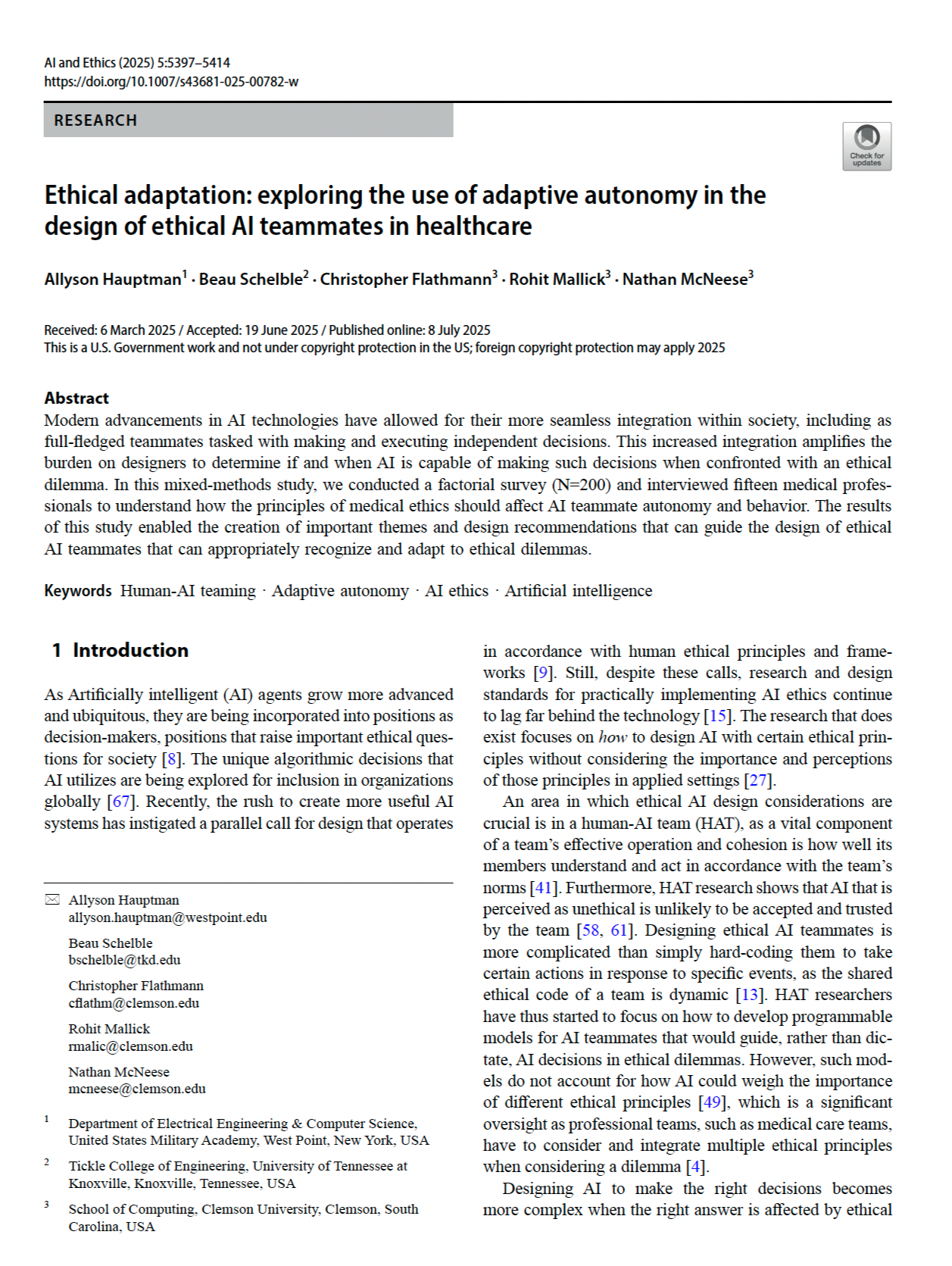 Ethical adaptation: exploring the use of adaptive autonomy in the design of ethical AI teammates