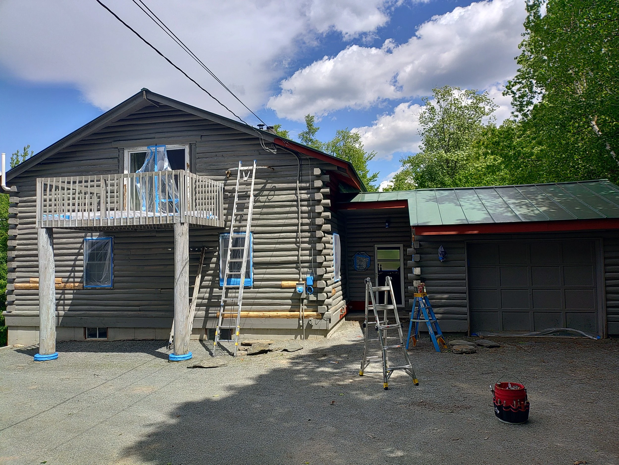 log repair complete, masking to prep for staining